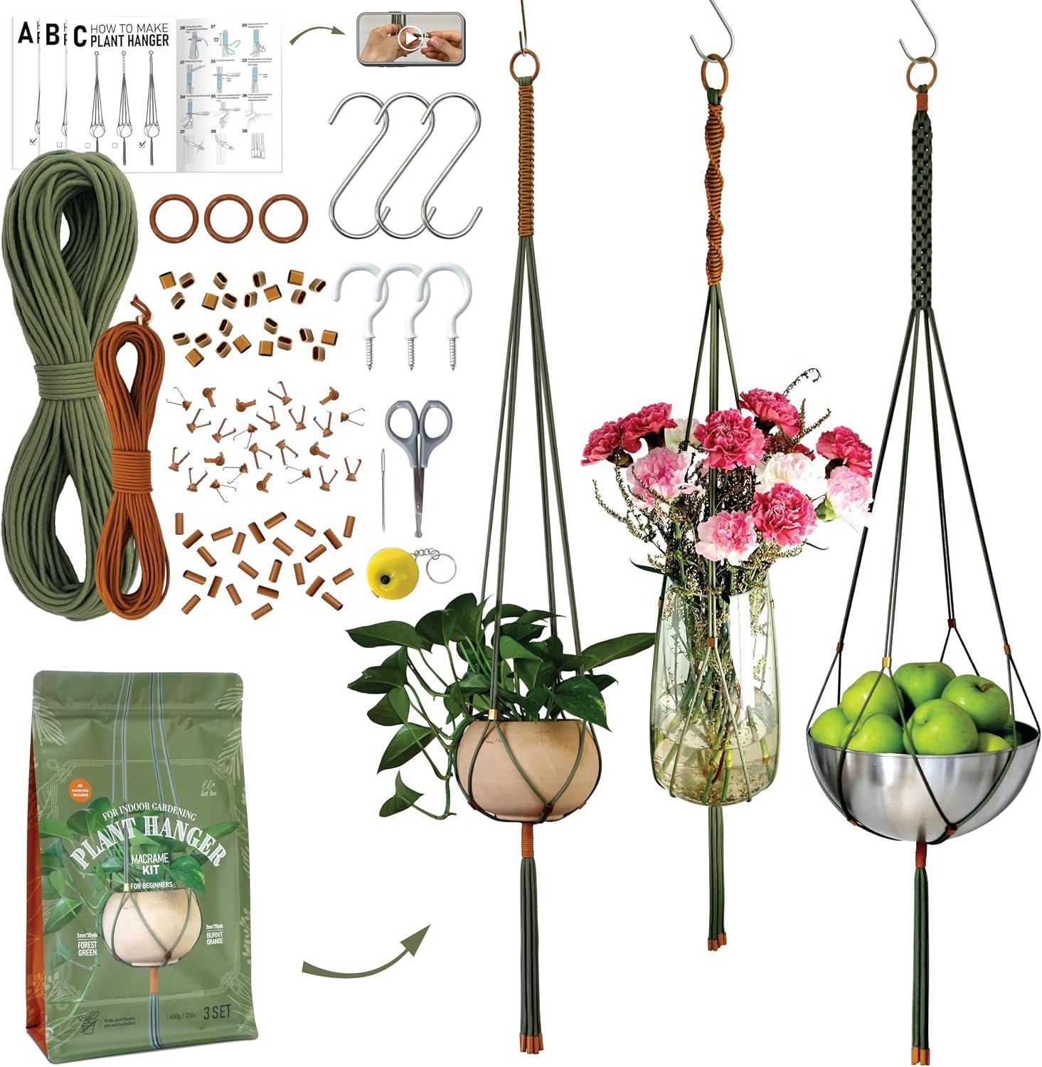 Macrame Kits for Beginners, 3 Set of Plant Hangers DIY Kit: Braided Polyester Ropes 50yds*5mm Forest Green, 20yds*2mm Burnt Orange, 60+Pcs Supplies with Step-by-Step Easy Instructions (GROR)