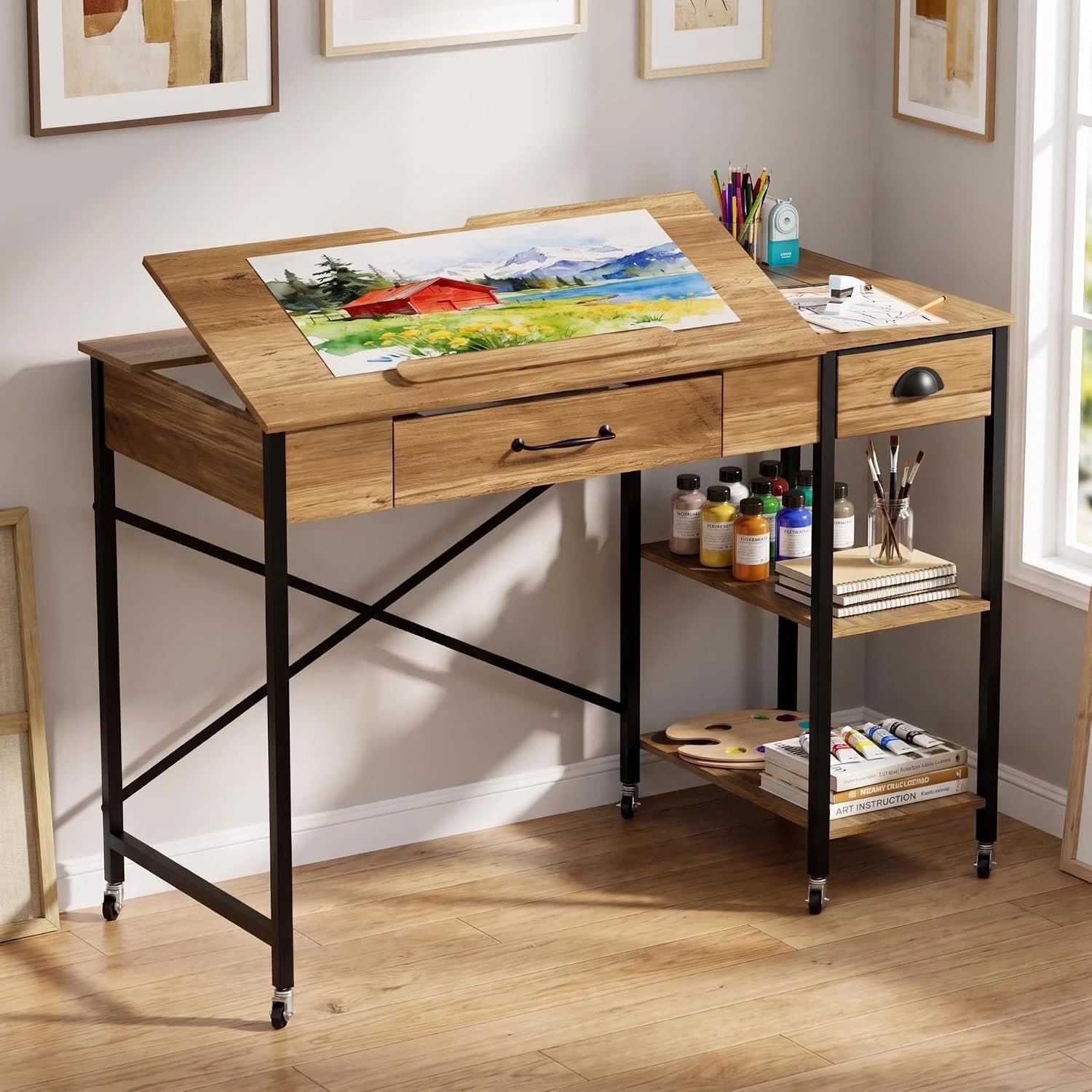 Rolling Drafting Table, Crafting Table with Storage, Computer Desk ﻿