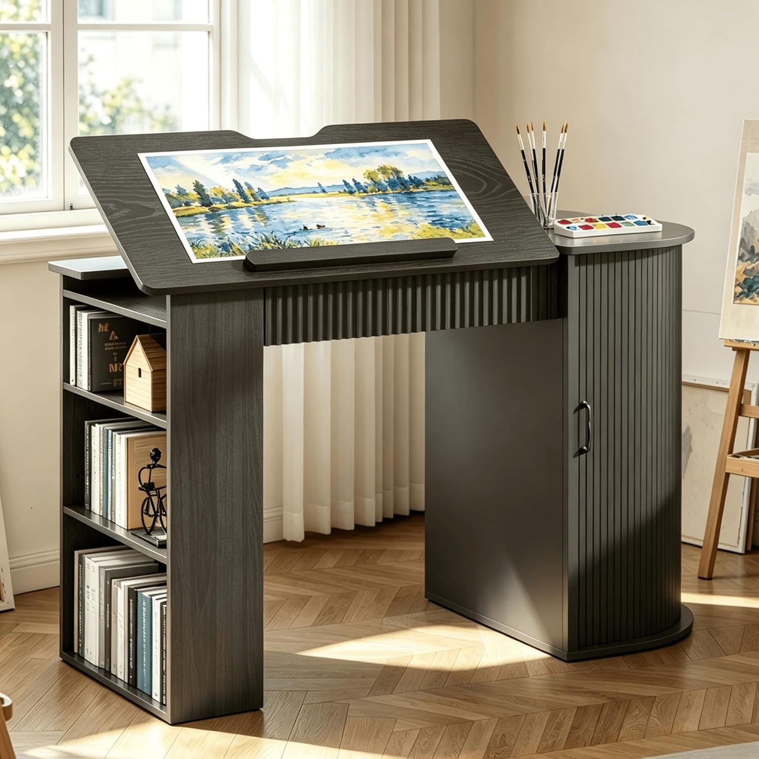 Fluted Drafting Table with Storage, Adjustable Drawing Desk (Black)