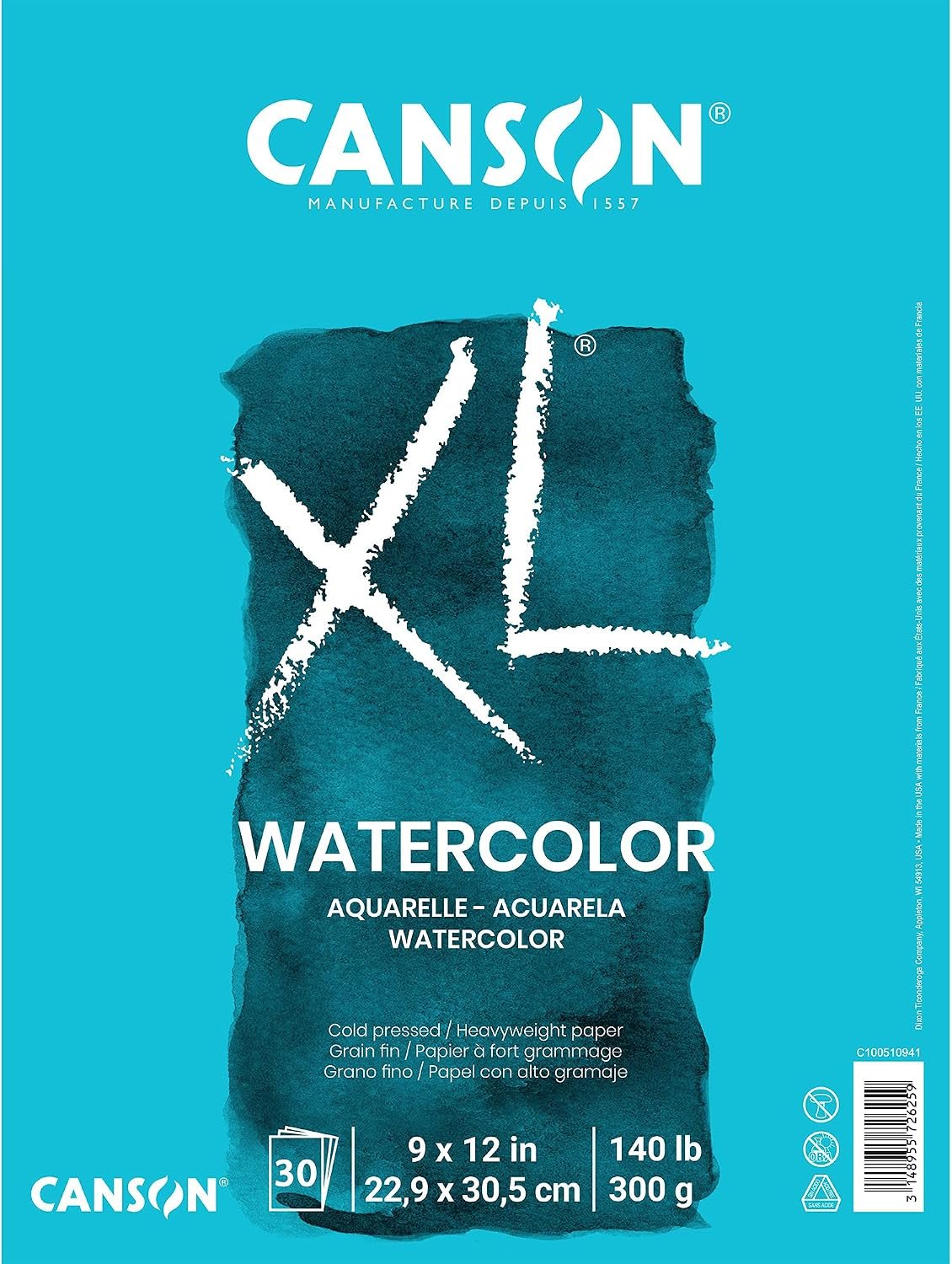 Canson XL Series Watercolor Pad, Heavyweight White Paper, Foldover Binding, 30 Sheets, 9×12 inch