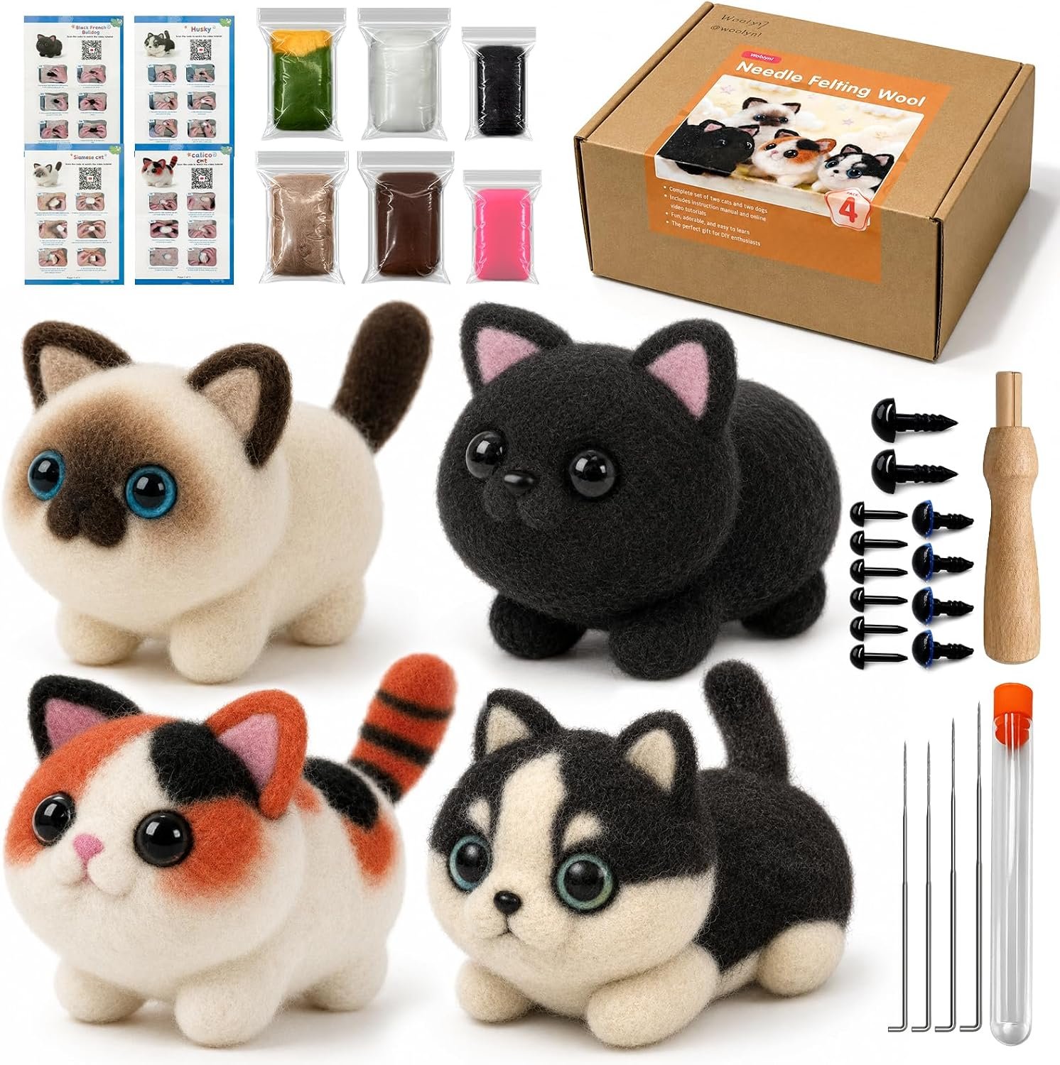 Voduynl Beginner Needle Felting Kit – 4 Cats and Dogs Pairs – Includes Wool, Tools, Step-by-Step Video, Safety Guide & Instruction Cards, Ideal Starter Set for Adults & DIY Beginners