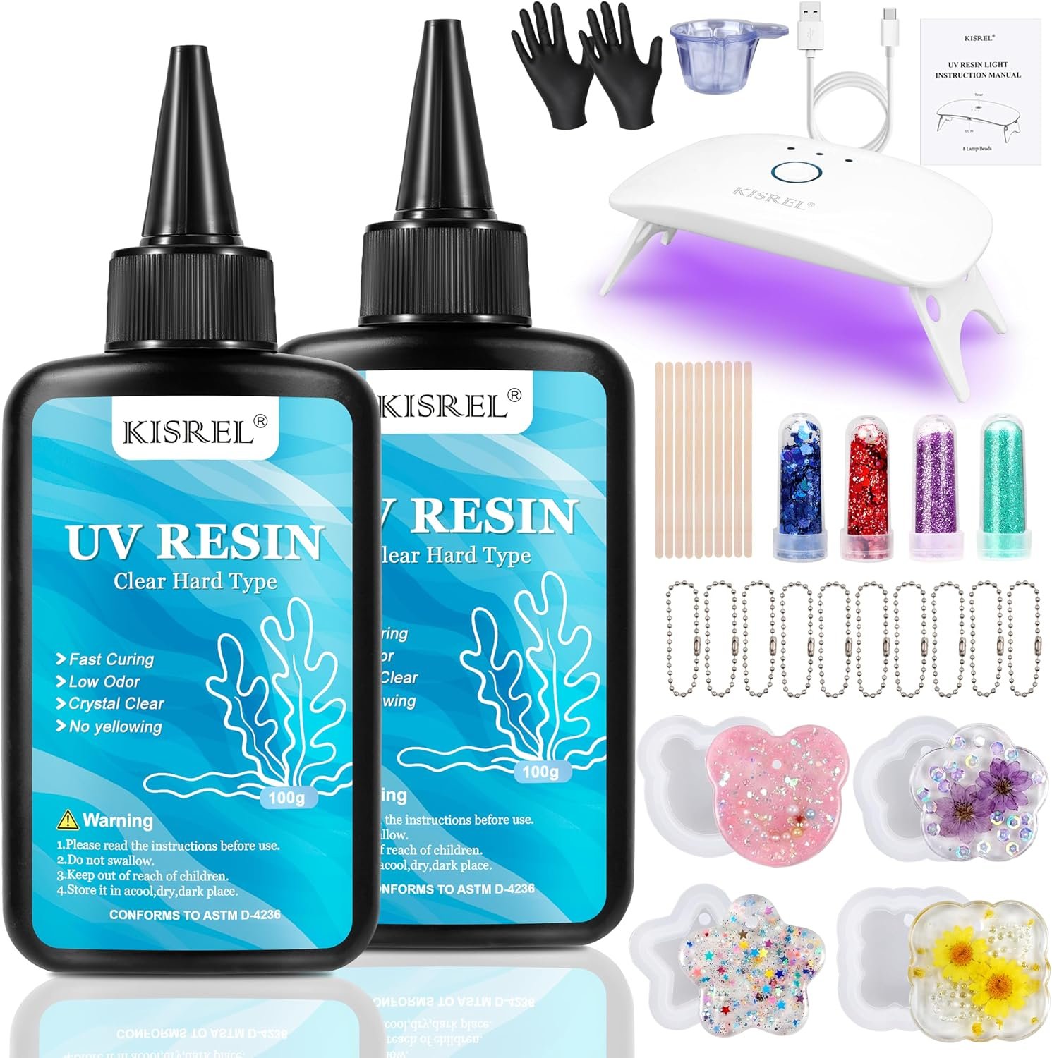 KISREL 200g UV Resin Kit with Light and Molds, 8 LED Beads Resin Kit