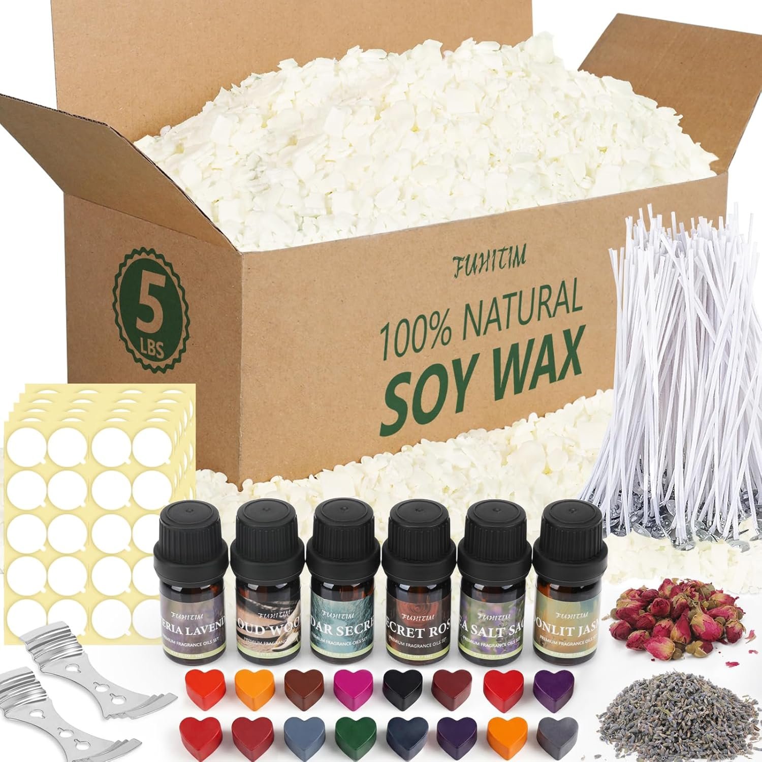 FUHITIM Soy Candle Wax Kit for Candle Making 5 lbs Bag, Premium Natural Soy Wax Flakes, No additives and Pure, 100 Cotton Candle Wicks, Fragrance Oils, Dried Flowers & Pigment Colors