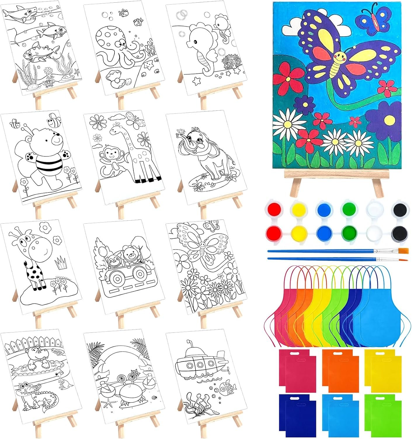 48PCS 12 Sets Printed Canvas Paint Art 12 Pcs Wooden Easel Set Paint Pots and Brushes and 12 Pre Drawn Canvas Panel 12 Pcs Mini Apron and Tote Bag for Kids(Animal)