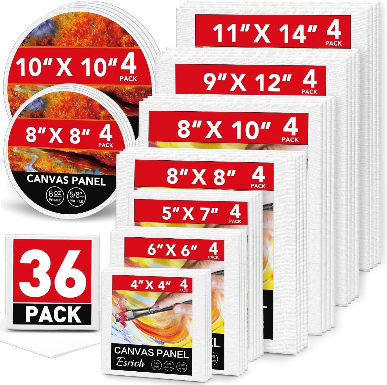 ESRICH Canvases for Painting, 36 Pack Canvas Boards 4×4, 6×6, 8×8, 5×7, 8×10, 9×12, 11×14, Round Canvas Panels with 8×8,10×10-Cotton Primed Blank Large Canvases for Acrylic, Oil, Gouache & Tempera.