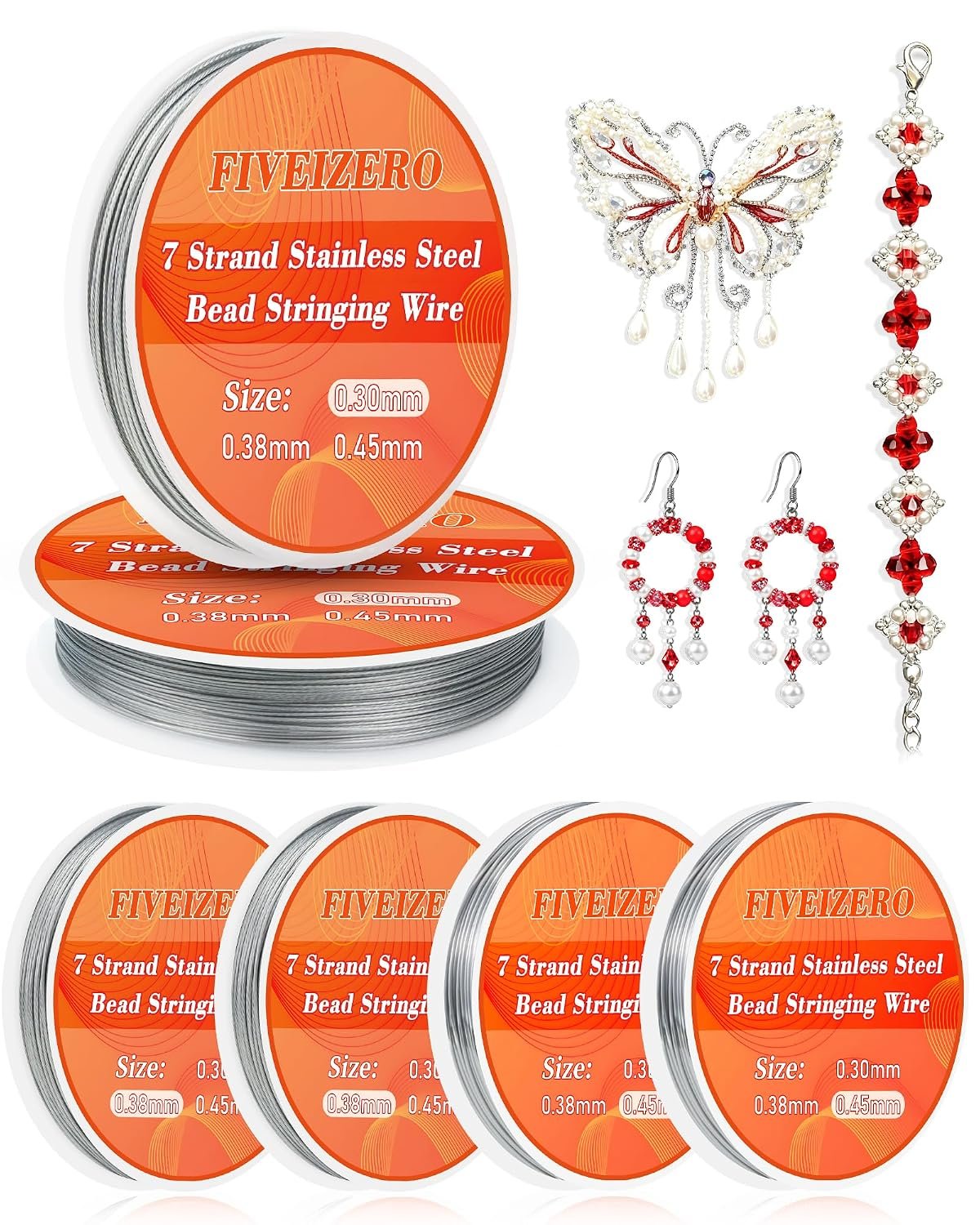 6 Rolls 7 Strand Stainless Steel Beading Wire, 492ft, Mixed Sizes, Silver