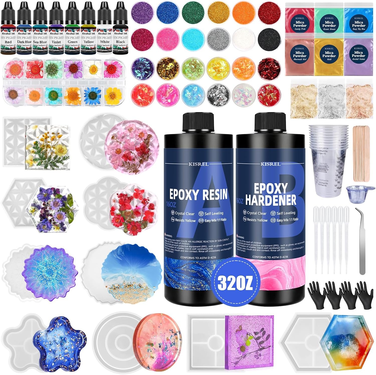 KISREL Epoxy Resin Kit for Beginners, 32oz Resin Kit with Coaster Molds