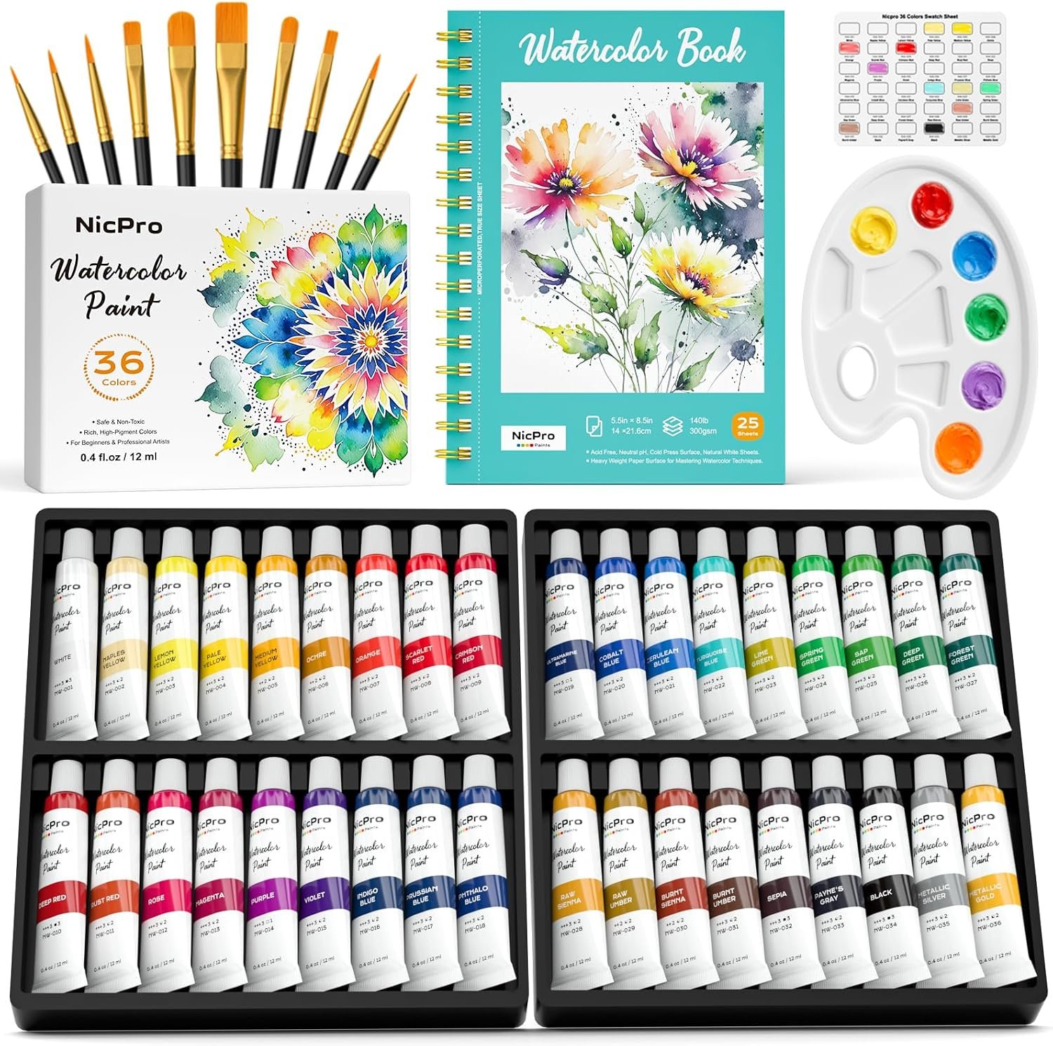Nicpro Watercolor Paint Set for Adults Kids, 36 Colors Watercolor Tube Set