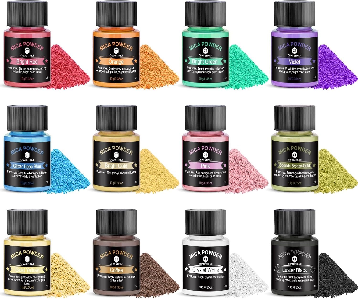 Mica Powder 12 Colors Pearlescent Pigment – for Resin Epoxy, Soap Making, Nail Polish, Lip Gloss, Eye Shadow, Bath Bomb, Slime & Candle – 10g Each Bottle (Basic Color Series)