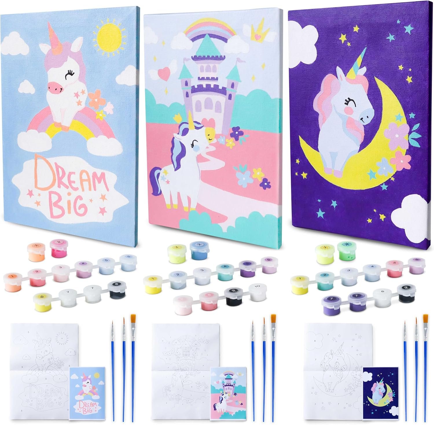 BONNYCO Unicorns Paint by Numbers Kit for Kids Pack of 3 Craft Canvases