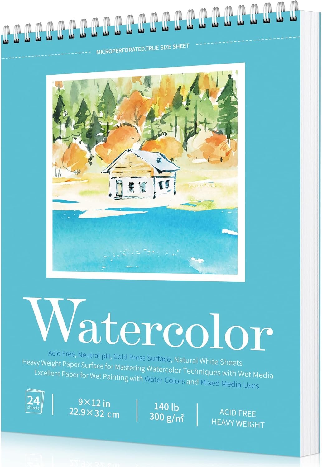 Sadoup 9×12 Watercolor Paper Pad, 140lb/300gsm, Spiral Bound, 24 Sheets