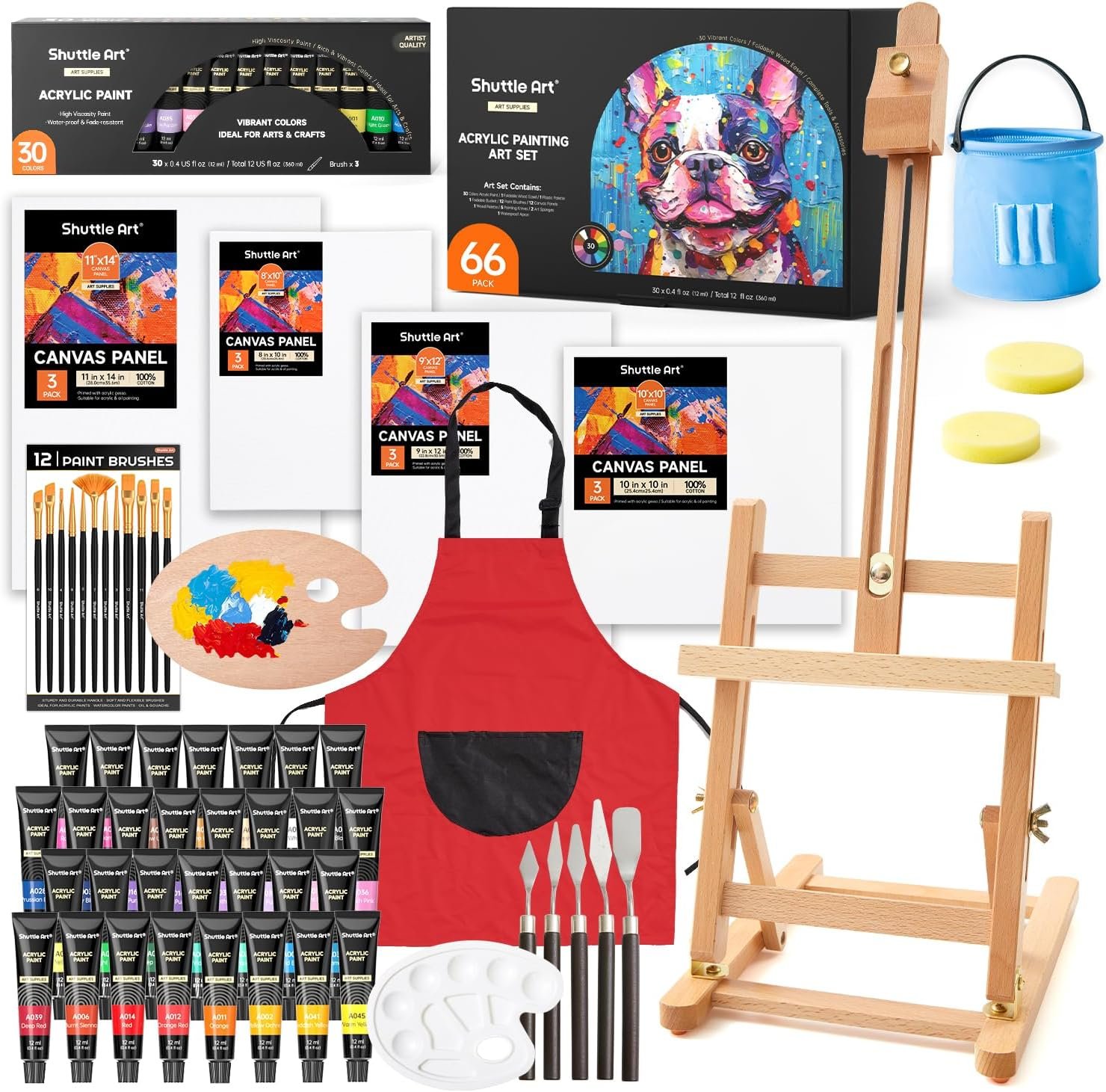 66 Pack Acrylic Paint Set, Shuttle Art Acrylic Painting Set with 30 Colors Acrylic Paint, Wooden Easel, Painting Canvas, Paint Brushes, Palettes, Art Painting Supplies for Kids Adults Beginner Artists