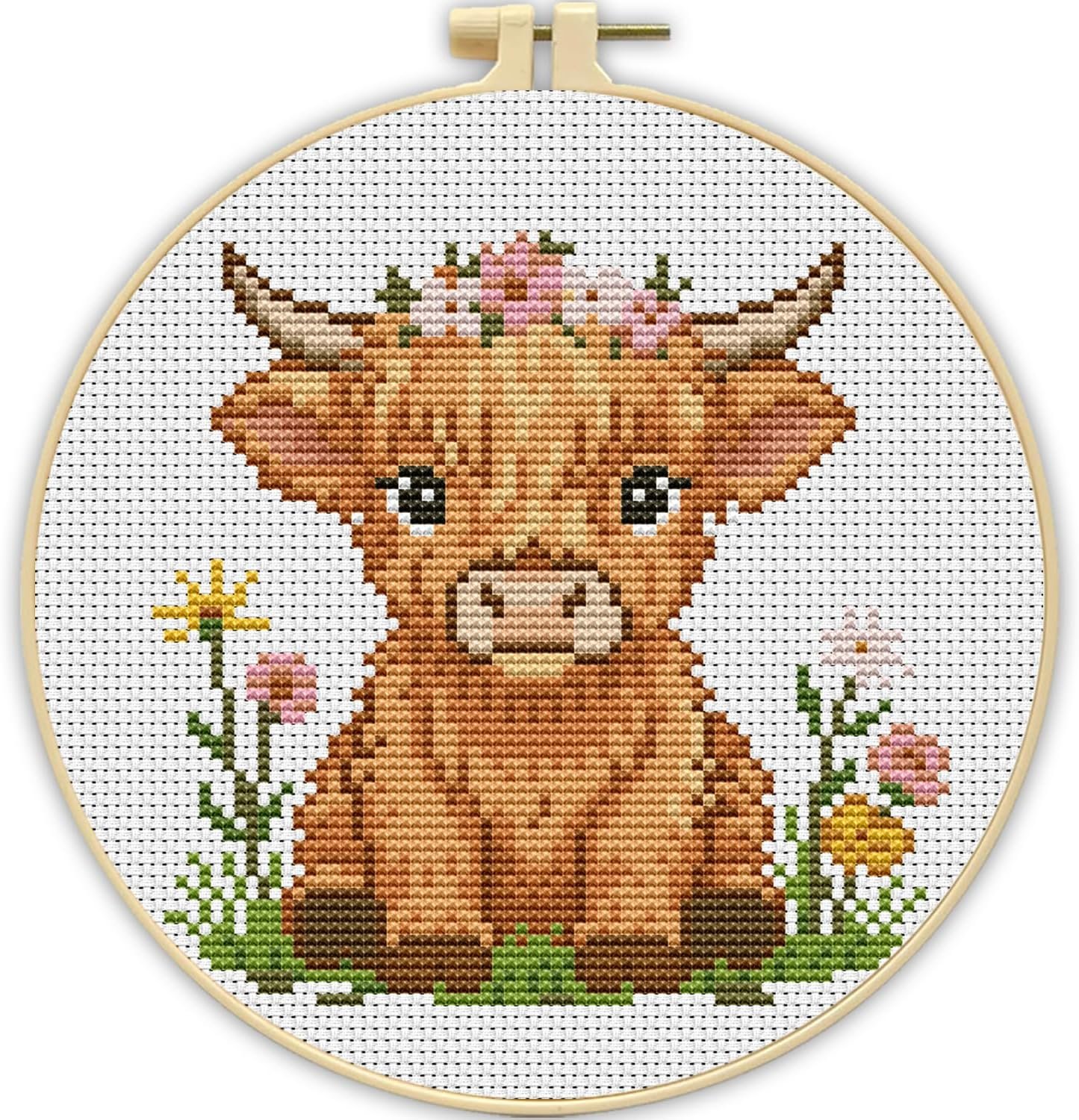 Stamped Cross Stitch Kits for Beginners-Highland Cow,with Embroidery Hoop
