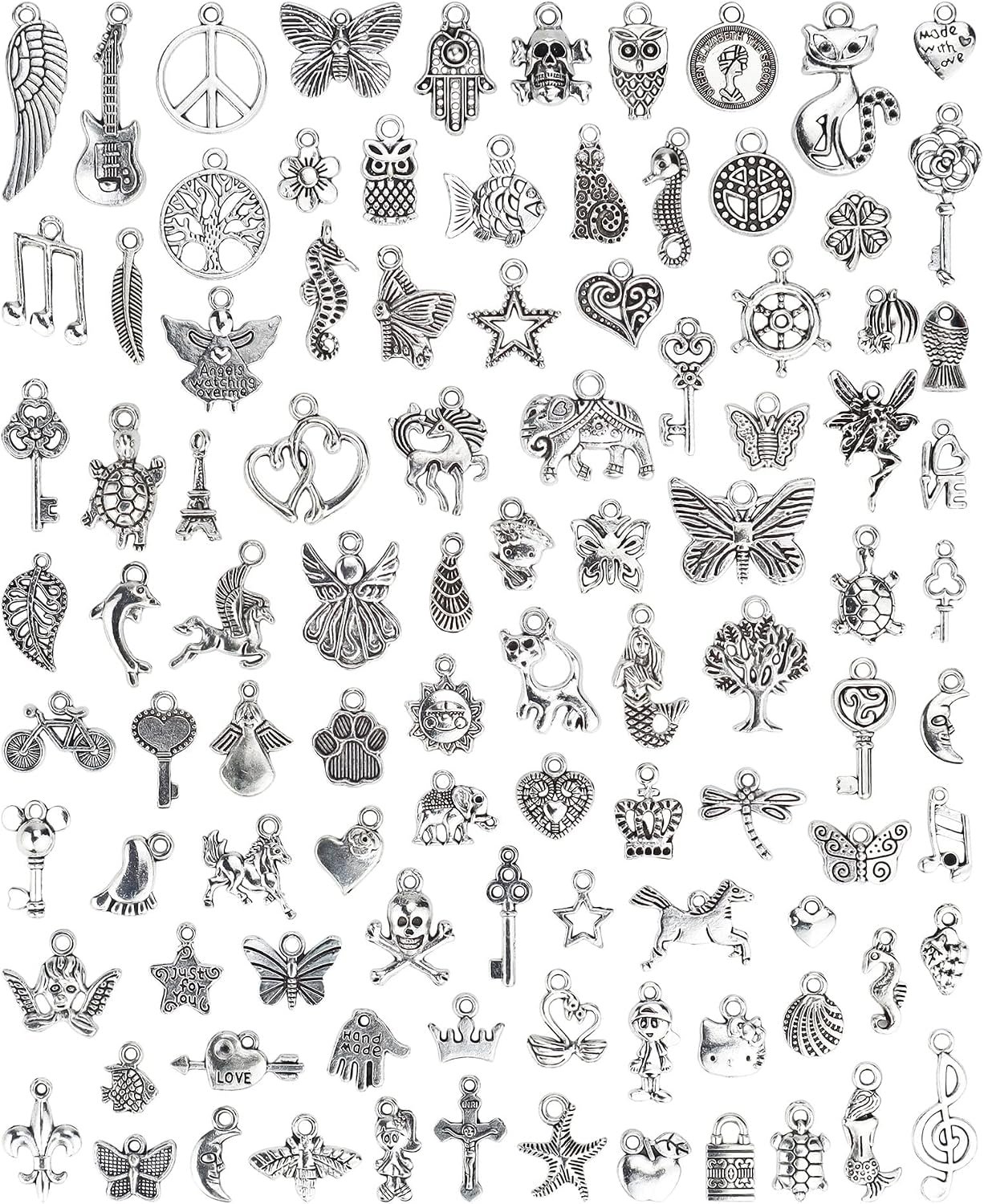 JIALEEY Wholesale Bulk Lots Jewelry Making Silver Charms Mixed Smooth Tibetan Silver Metal Charms Pendants DIY for Necklace Bracelet Jewelry Making and Crafting, 100 PCS
