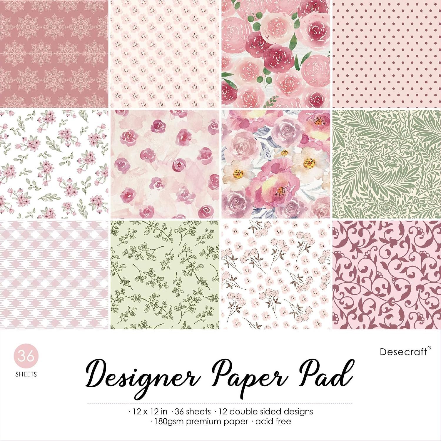 Spring Vintage 12×12 Double Sided Paper Pad – 36 Sheets 180GSM Cardstock, 12 Designs Pastel Pink Green Floral Scrapbook Paper for Card Making, Wedding, Scrapbooking Supplies