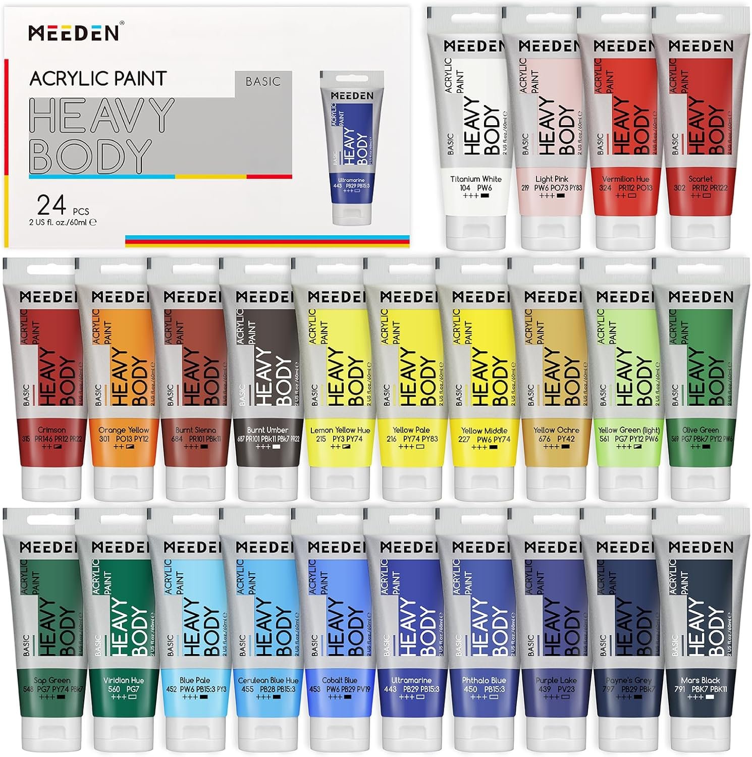 MEEDEN Heavy Body Acrylic Paint: Satin Finish 24 x 60ml (2 oz) Tubes Set