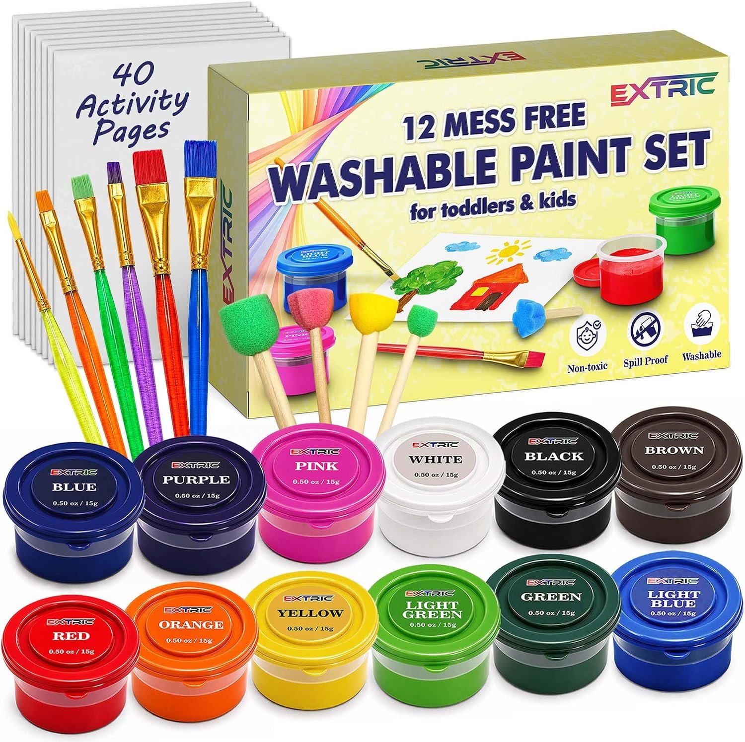 EXTRIC Spill Proof Paint 12 Washable Kids Painting Mess Free Toddler Art