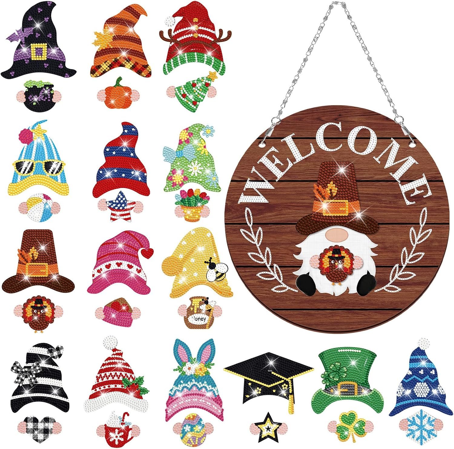 Qunclay 31 Pcs Diamond Art Gnome Welcome Seasonal Sign DIY Kit, Brown