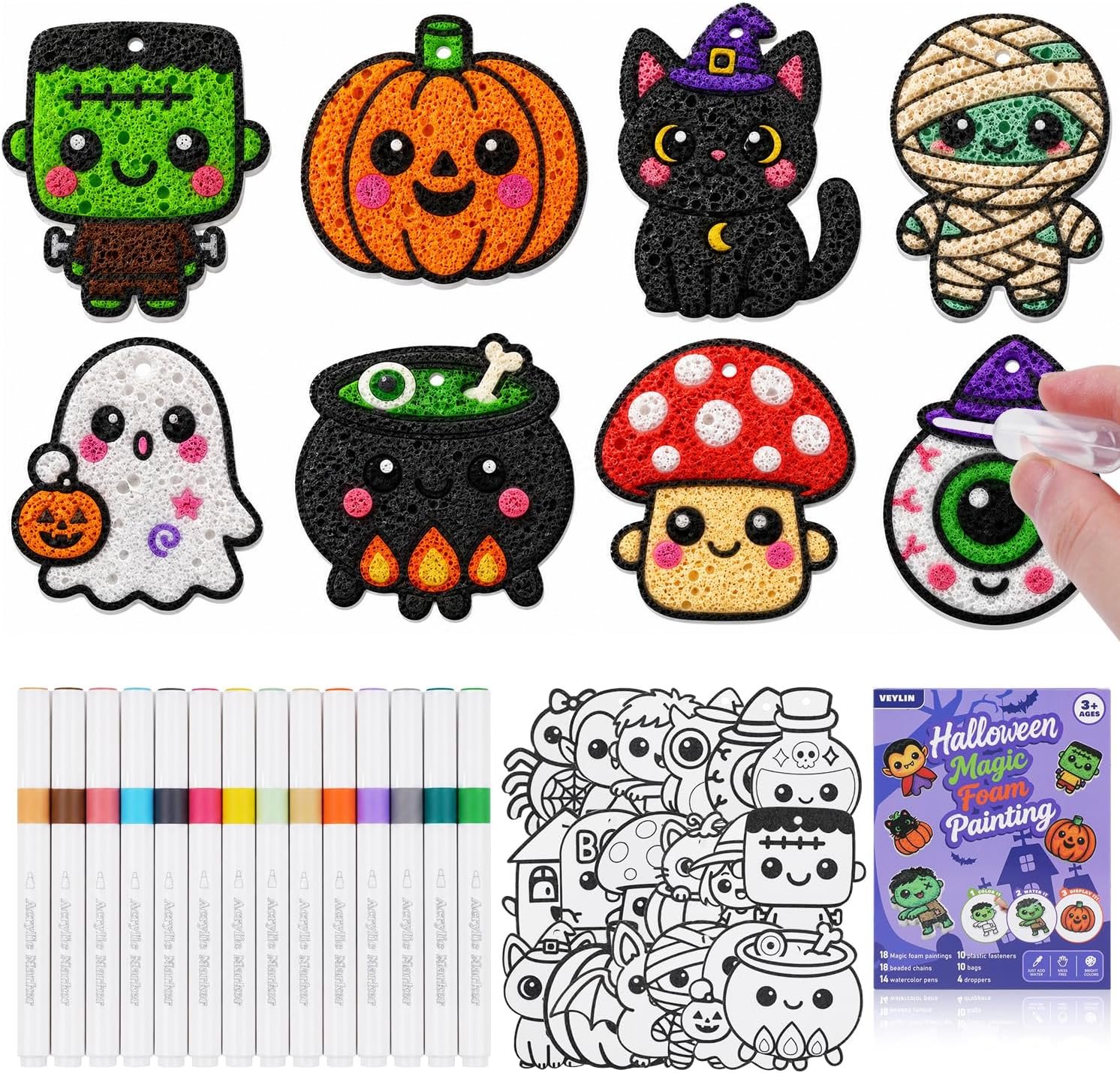VEYLIN Halloween 3D Magic Foam Texture Painting Kit, 74 Pcs Puffy Paint Art