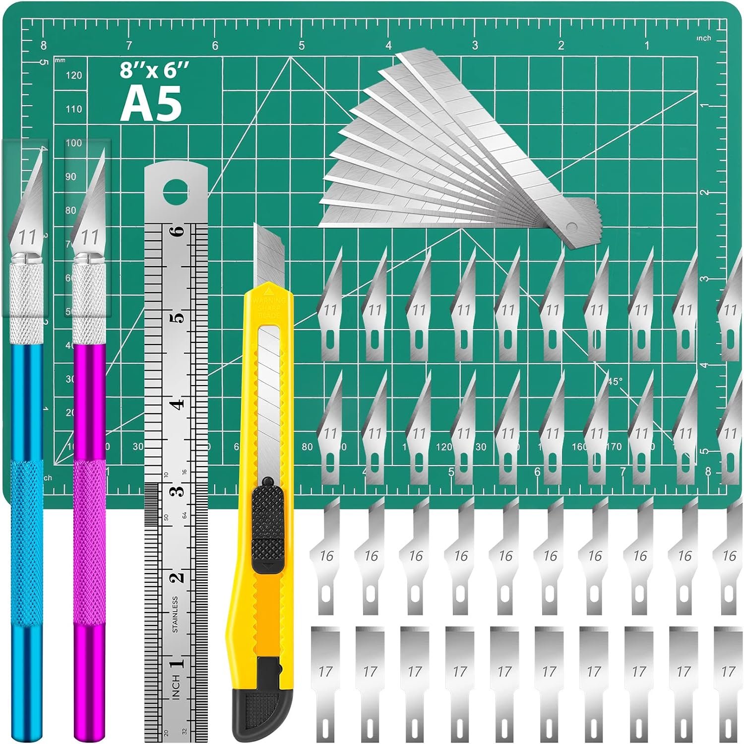 DIYSELF 55 PCS Exacto Knife Set, Hobby Knife Kit, A5 Mat & Blades Included