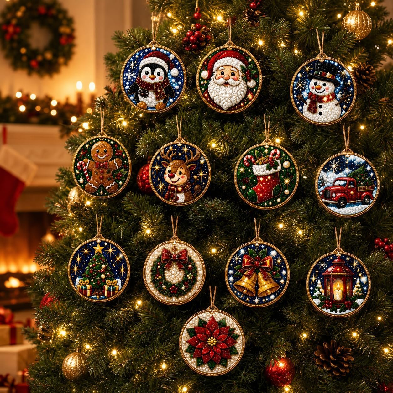 12Pcs Diamond Painting Christmas Ornaments Kit for Adults, DIY Christmas Pearl Diamond Art Hanging Pendant Craft with Full Tools, Xmas Tree Decorations for Women Family (#C1)
