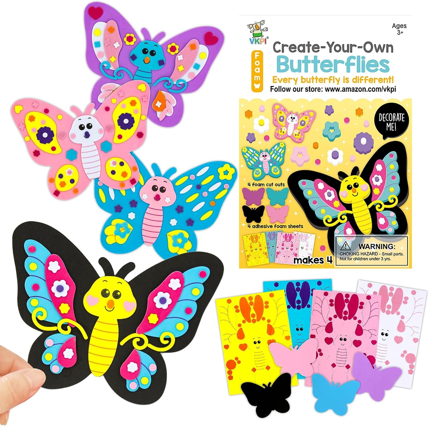 VKPI 4 Butterflies Foam Art Crafts Gift Kit, Creative Make Your Own Butterflies, Cartoon Paper Craft Projects for Kids Ages 4+ Toddler, Preschool Learning Toy for Birthday Party Favor Supplies