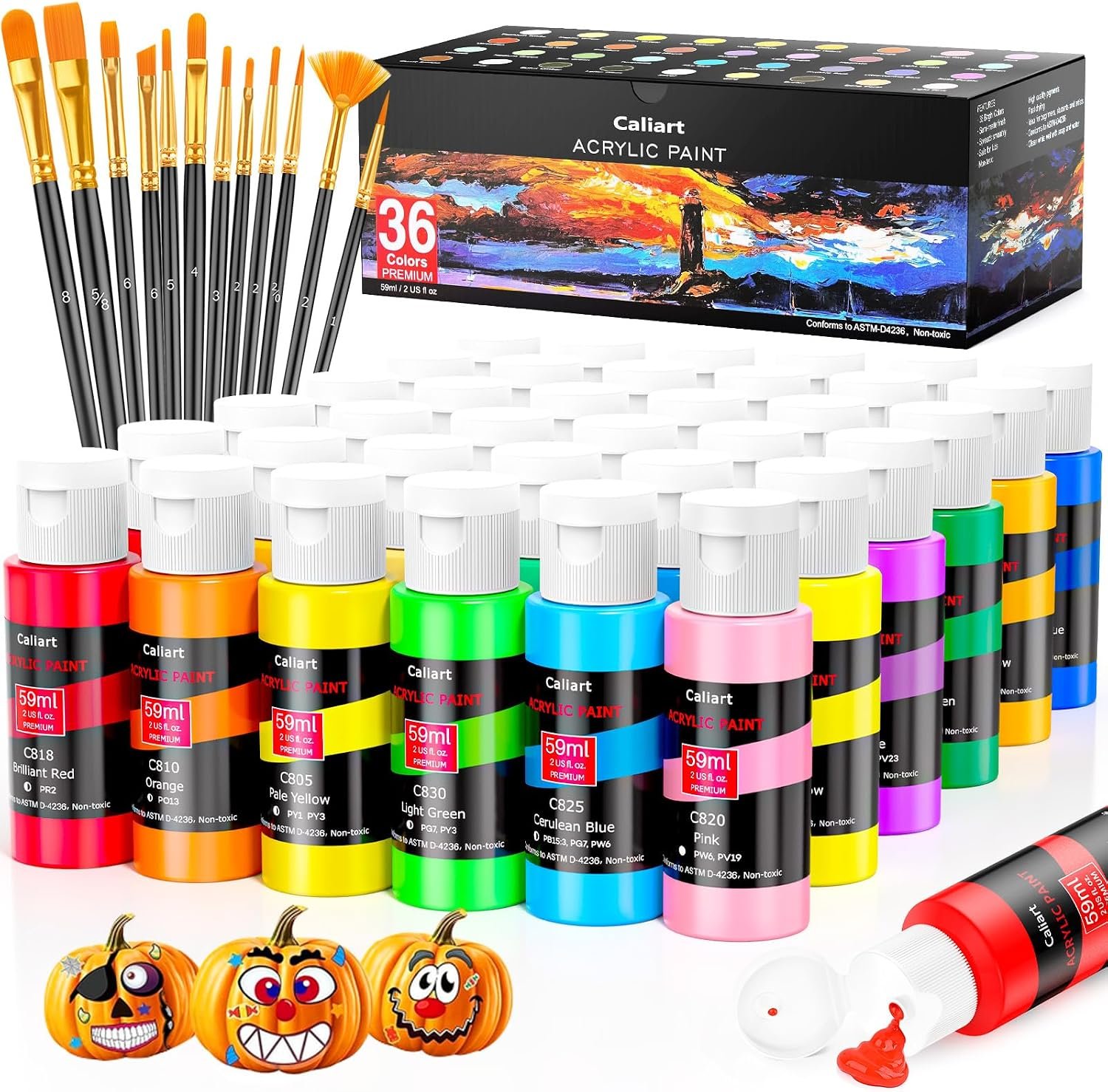 Caliart Acrylic Paint Set of 36 Colors with 12 Brushes