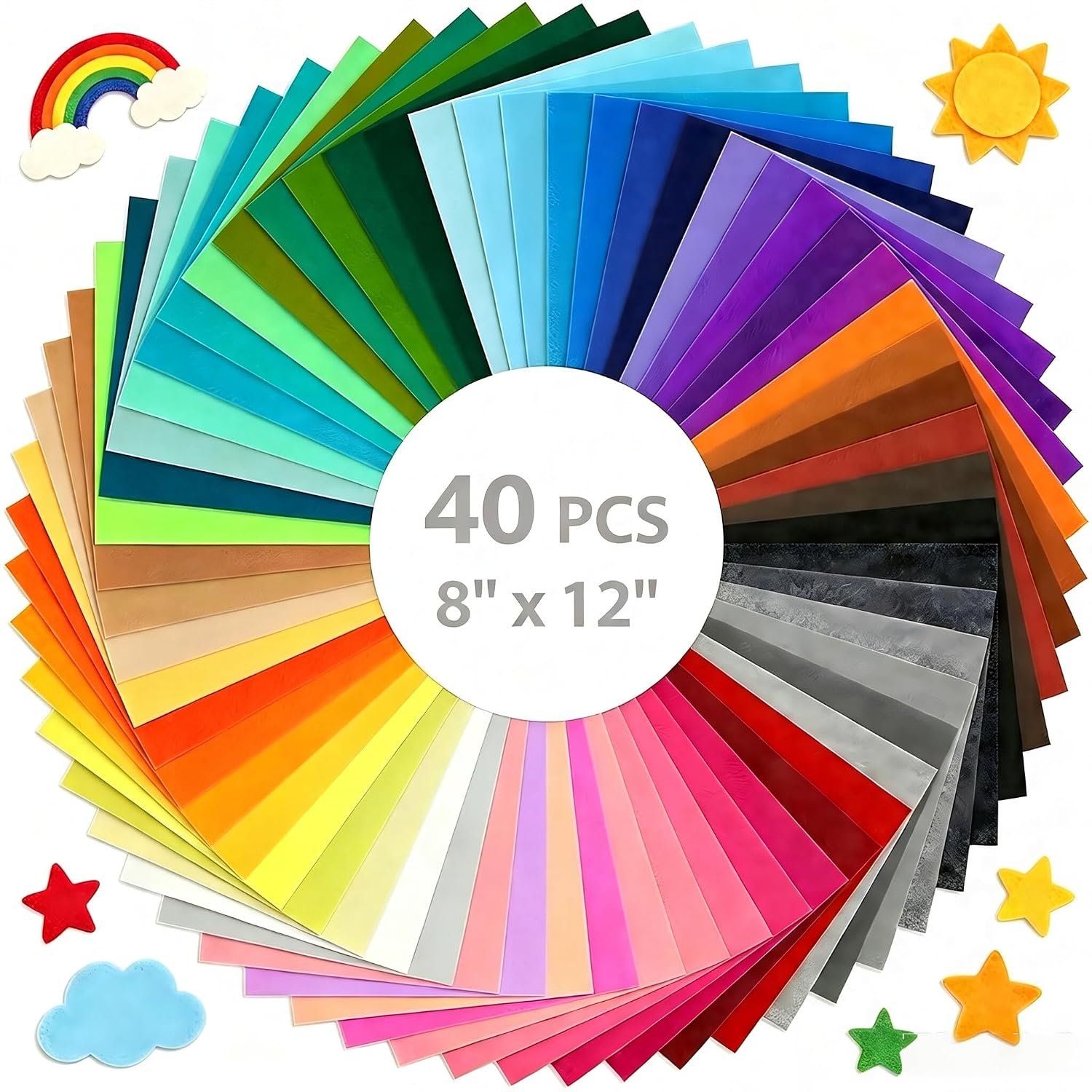 12×8 Inch 40 Pcs Felt Sheets for Crafts, 40 Colors Craft Supplies