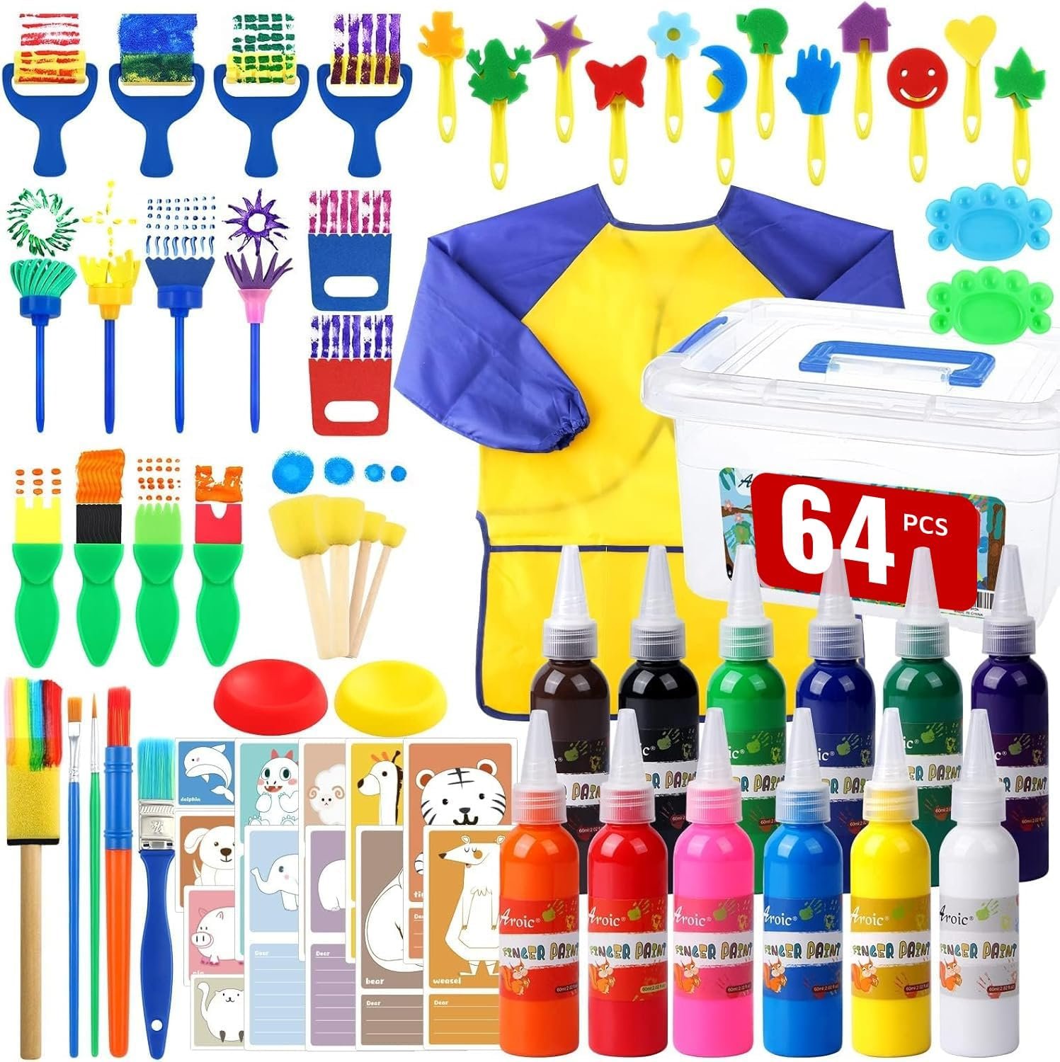 64 Pack Washable Paint Set, 12 Colors Non Toxic Finger Paints