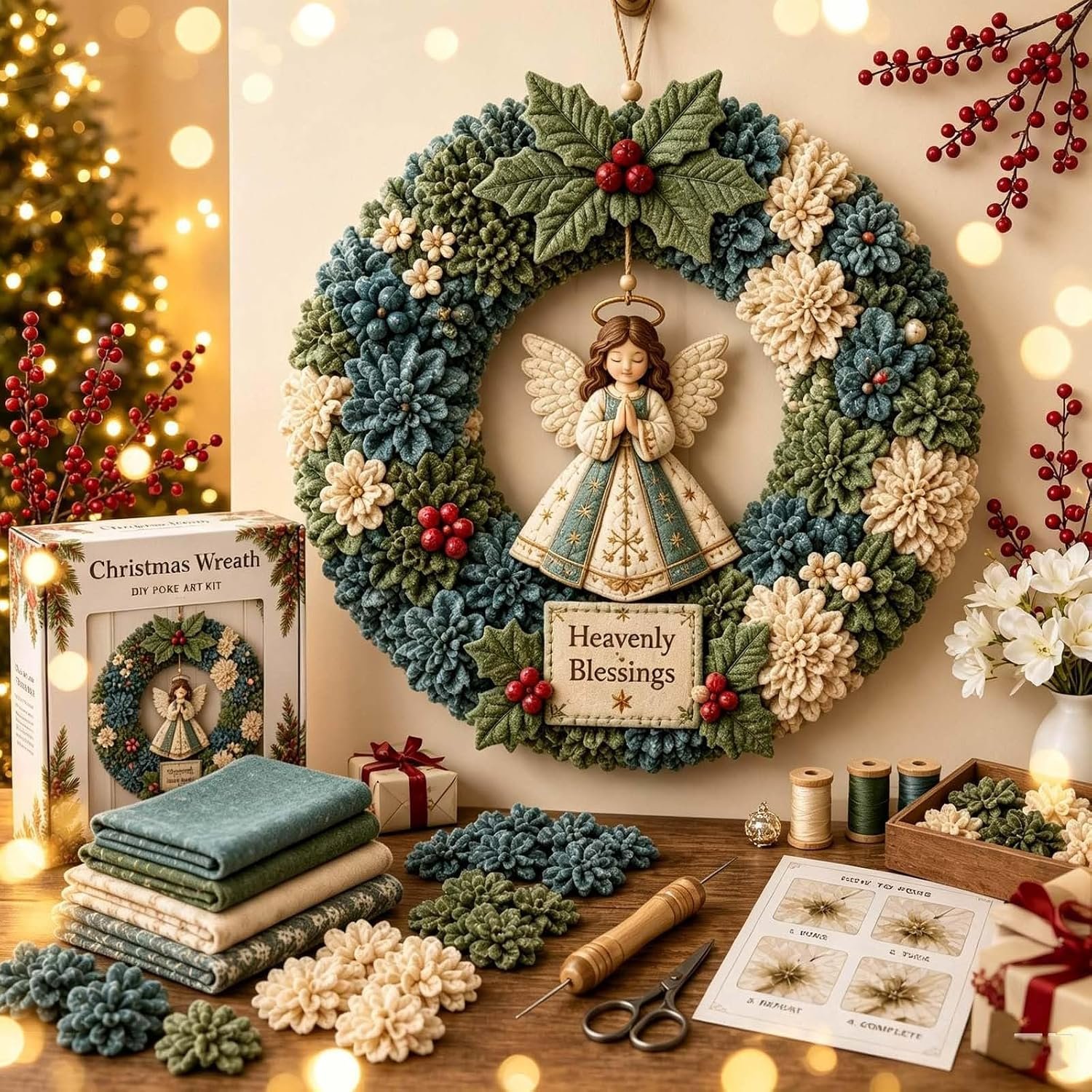 3D Fabric Poke Wreath DIY Kit, Christmas Wreath DIY Kits for Adults (Angel)