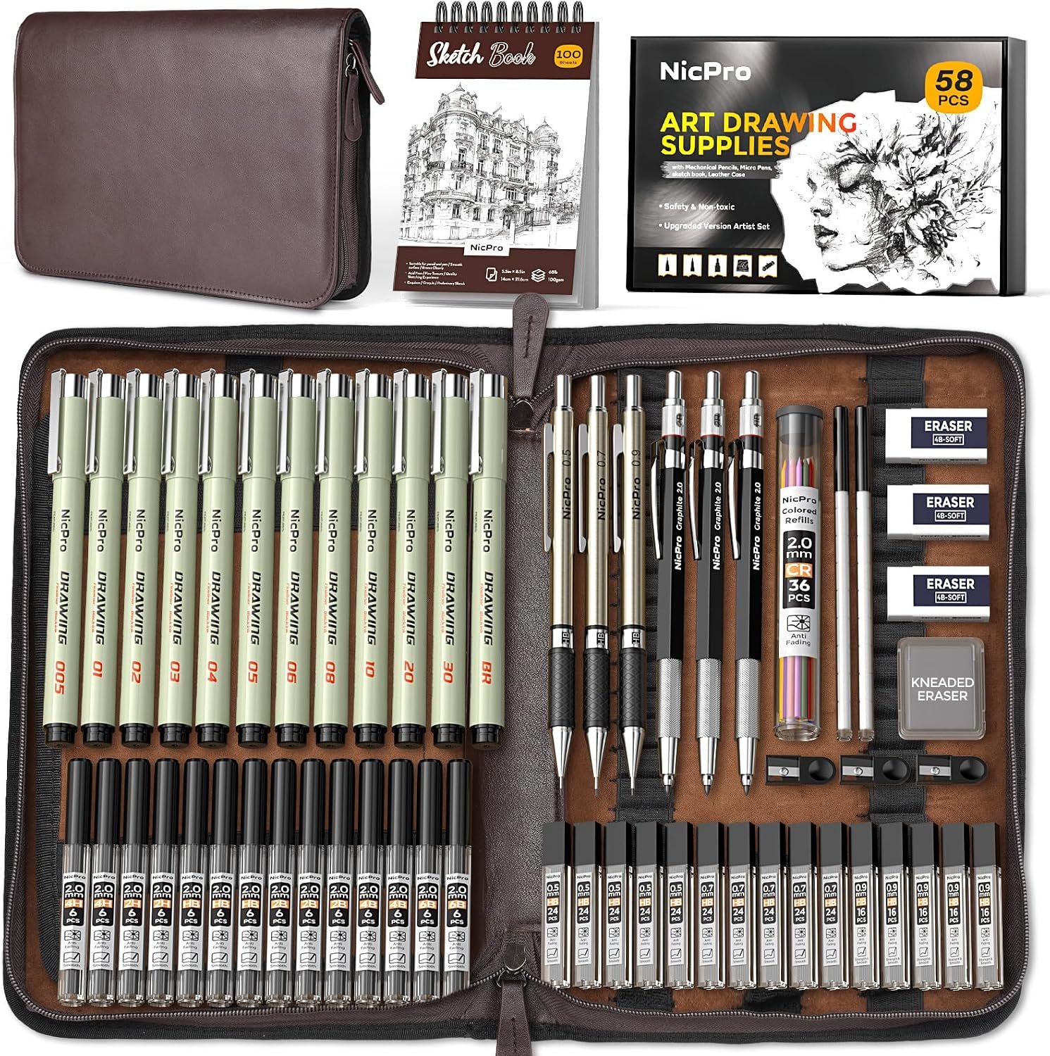 Nicpro 58PCS Art Drawing Supplies Kit, Leather Case, Art Supplies for Adult