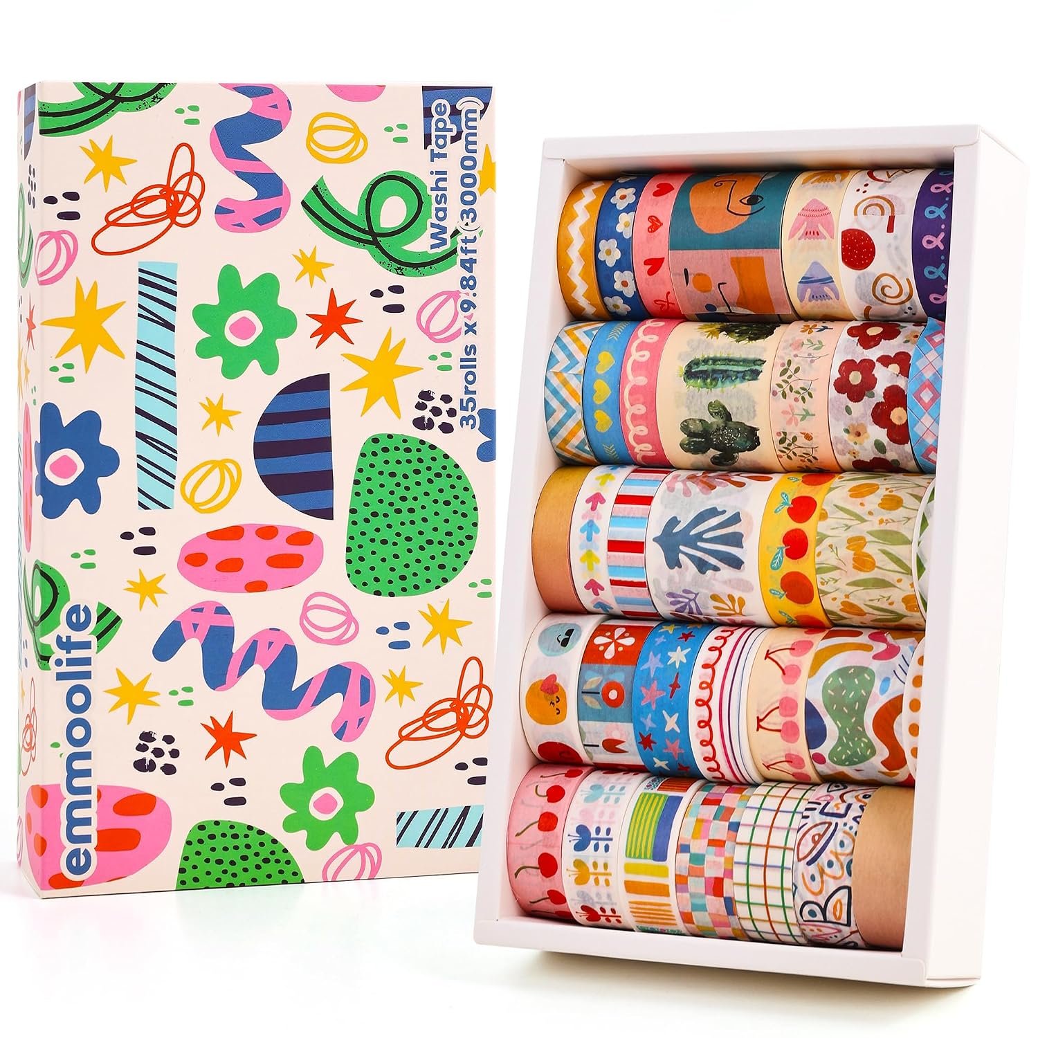 emmoolife 35 Rolls Washi Tape Set, Colorful Cute Floral Writable Decorative Tapes for Scrapbooking and Journaling, Junk Journal Supplies, Bullet Journaling for Women Girl 5-30mm Wide 9.84ft Long/Roll