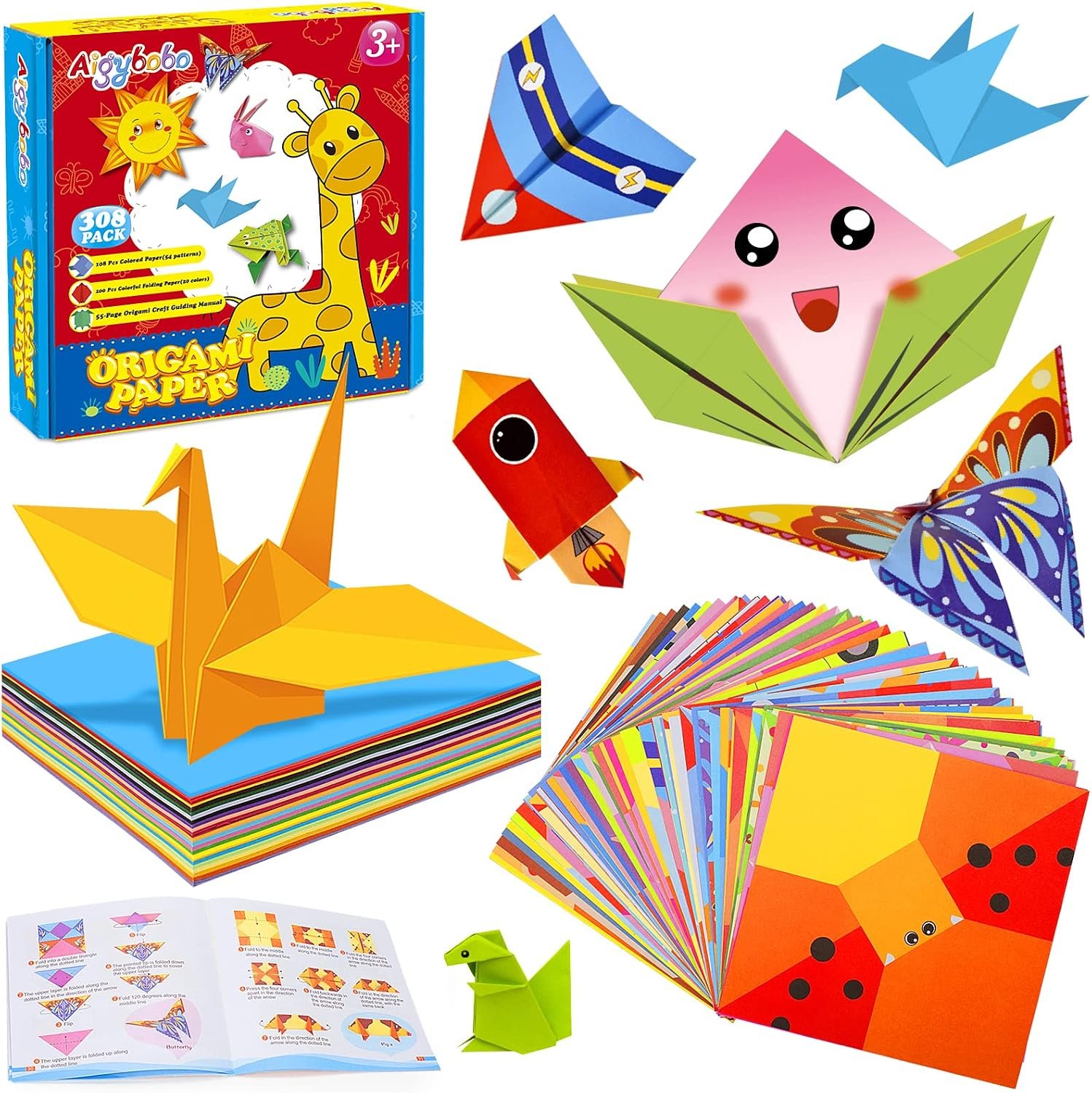 308 Sheets Origami Paper Kit for Kids Ages 5-8 8-12 with Instructional Book