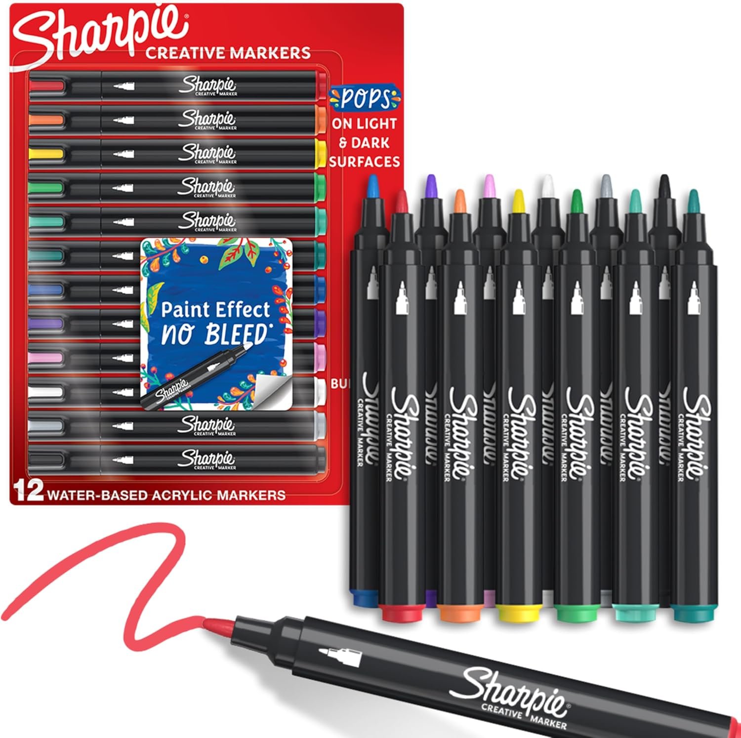 Sharpie Creative Markers, Water-Based Acrylic, Bullet Tip, Assorted Colors, 12 Count – Arts & Crafts, Kids Activity, School Classroom; Works on Paper, Metal, Wood, Ceramic, Glass, Rock, Canvas