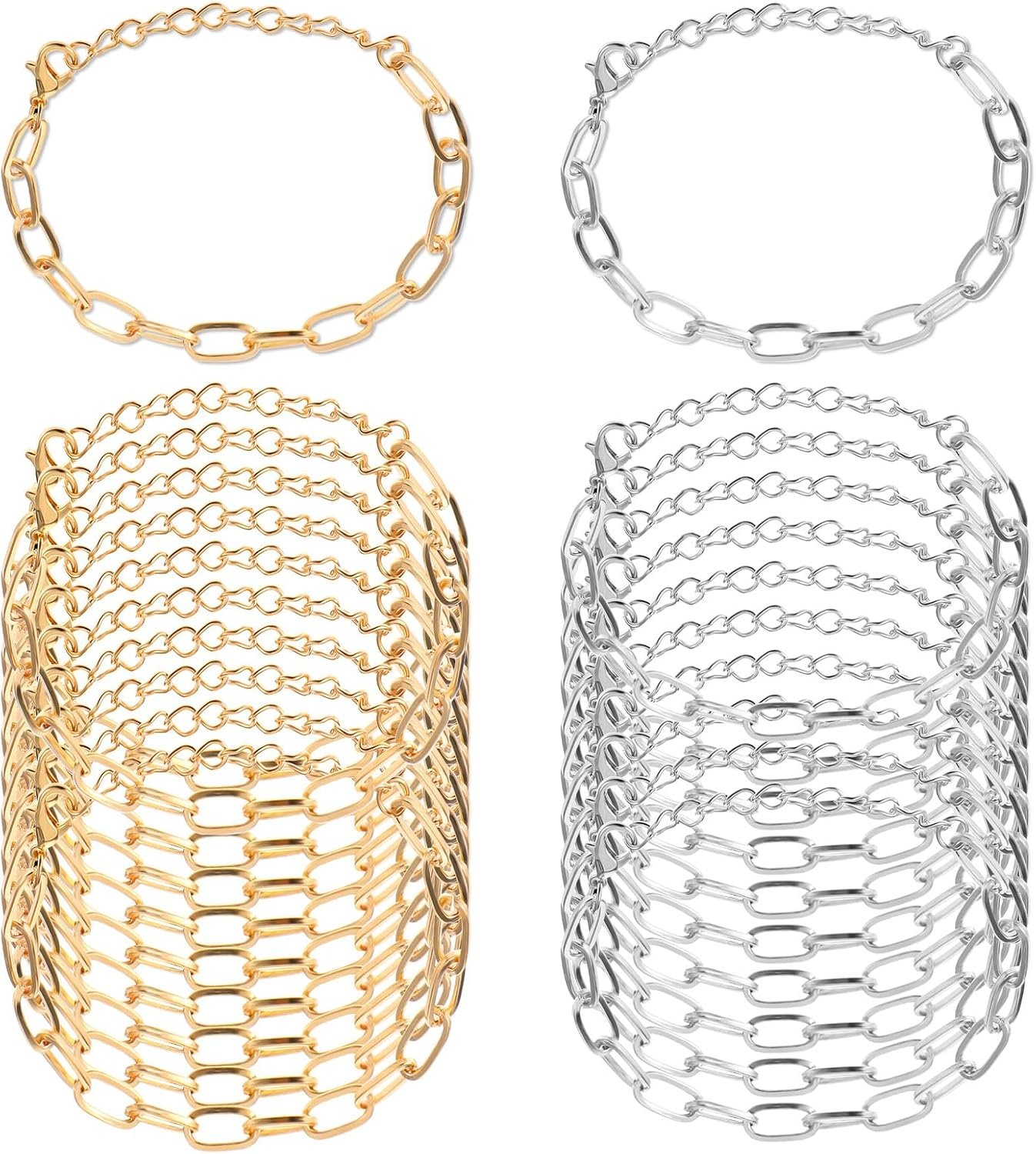 20 Pcs Charm Bracelet Chain Link Bracelet Chain with Lobster Clasps Jewelry Making Chains for Women DIY Bracelets Crafts Supplies, Gold Silver