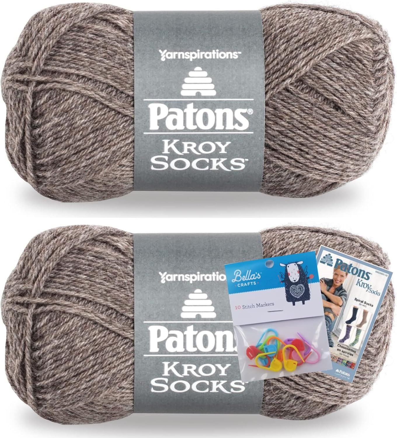 Patons Kroy Socks Yarn 2-Pack Bundle with Bella’s Crafts Stitch Markers (Flax)