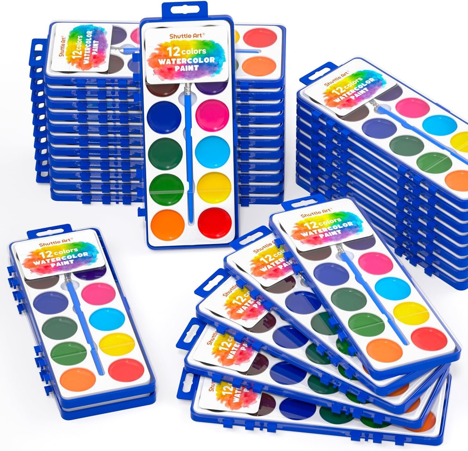Shuttle Art 30 Pack Watercolor Paint Set Bulk, 12 Colors Watercolor Paint Set bulk with Paint Brushes for Kids and Adults, Washable Paint for Classroom, Parties, Kindergarten and Art Activities