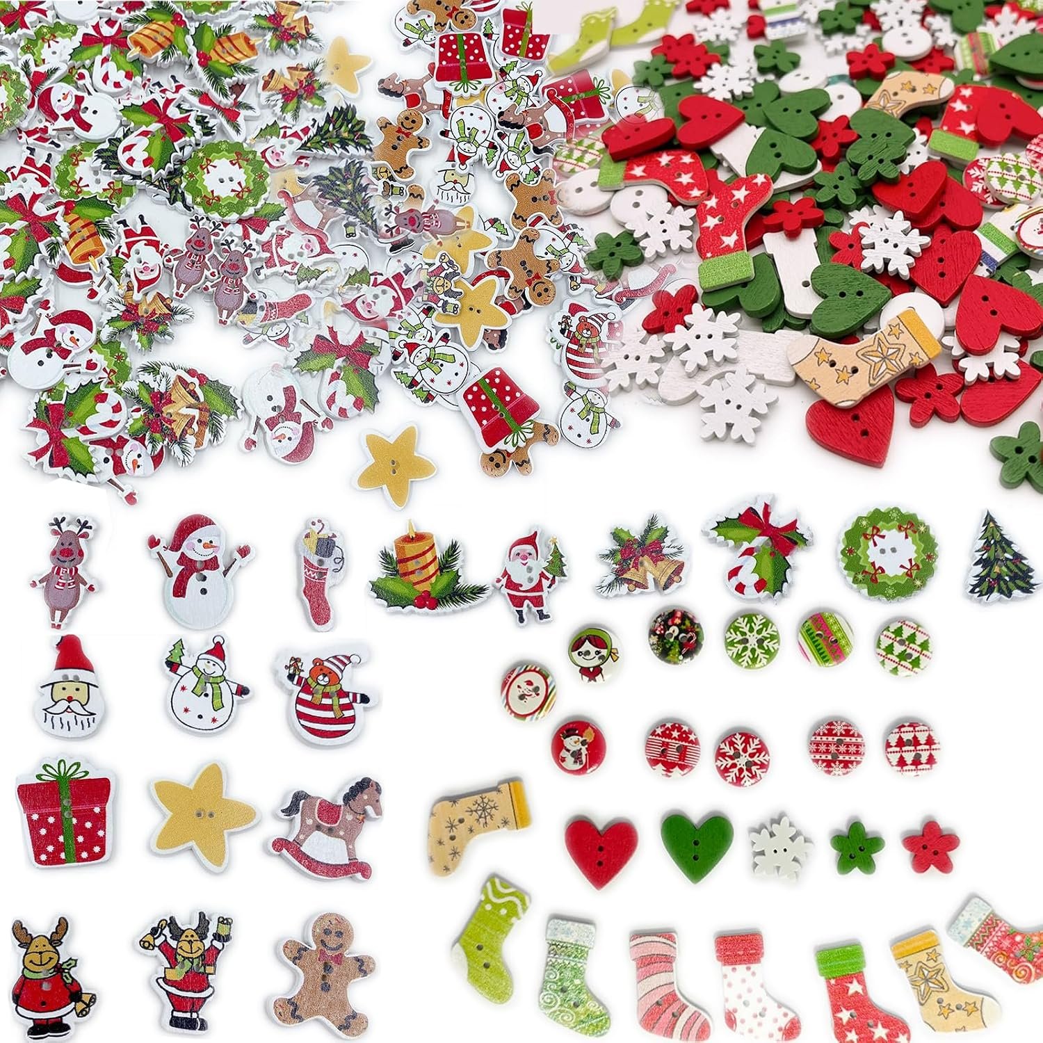 200-PCS Christmas Wooden Buttons Set – Assorted Craft Buttons with Snowflake Designs for DIY Holiday Crafts, Multi-Size Mixed Styles