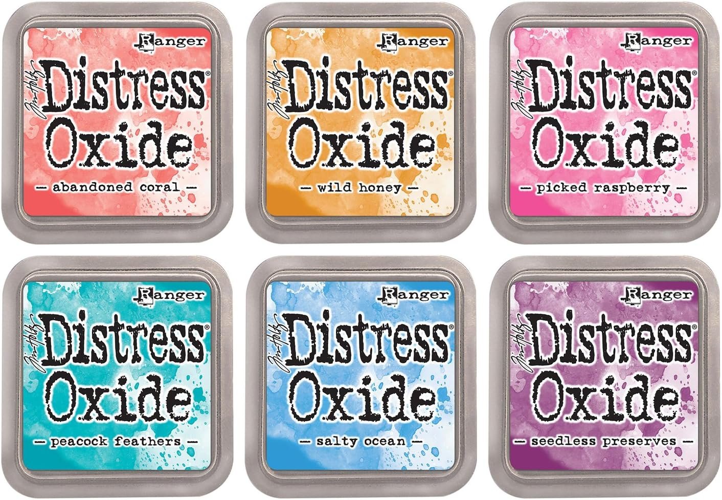 Ranger Tim Holtz Distress Oxide Ink Pads – Abandoned Coral, Wild Honey, Picked Raspberry, Peacock Feathers, Salty Ocean and Seedless Preserves – Bundle of 6 Ink Pads – Set Released June 2017