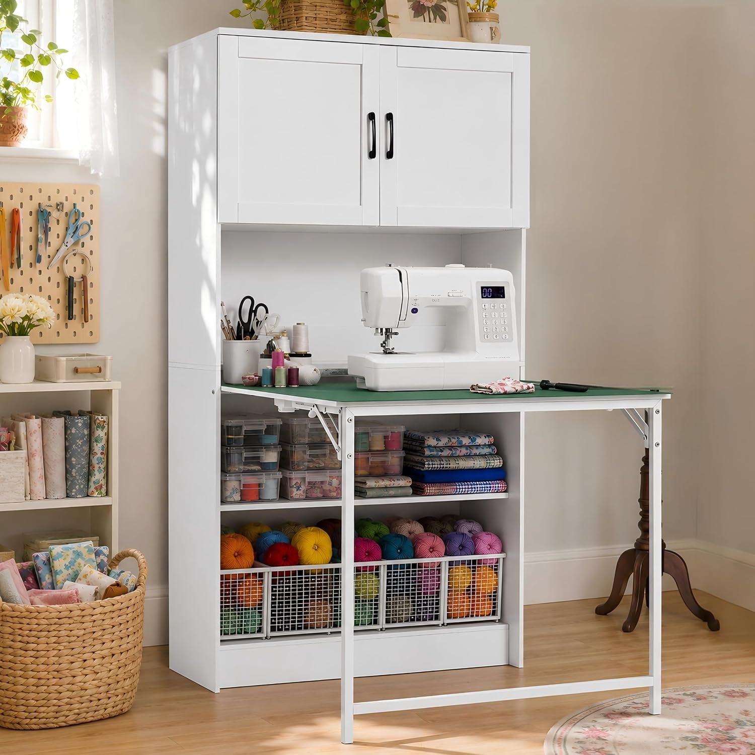 HOMREST Foldable Sewing Craft Table with Large Capacity Storage Cabinet