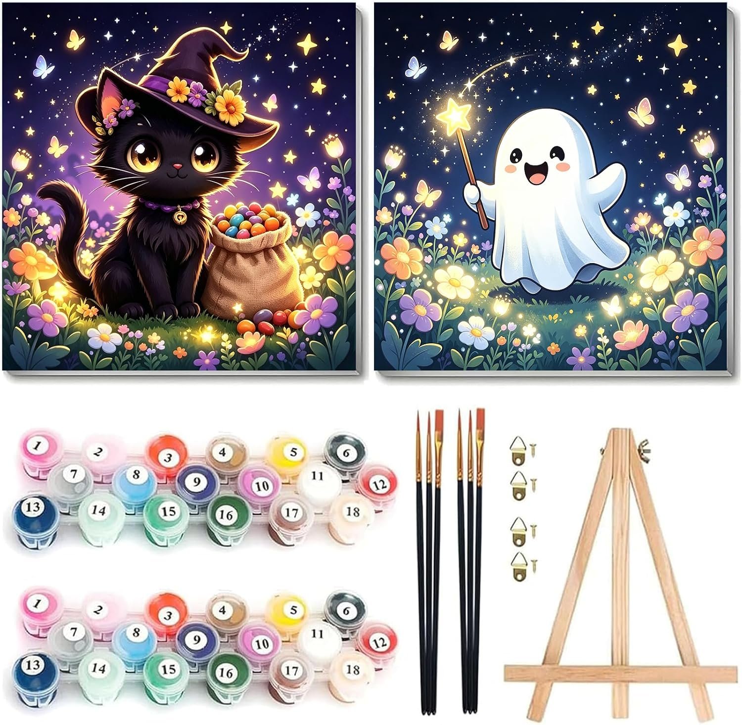 Arttoplus 2 Pack Halloween Paint by Numbers Kit for Kids with Frame 8x8inch