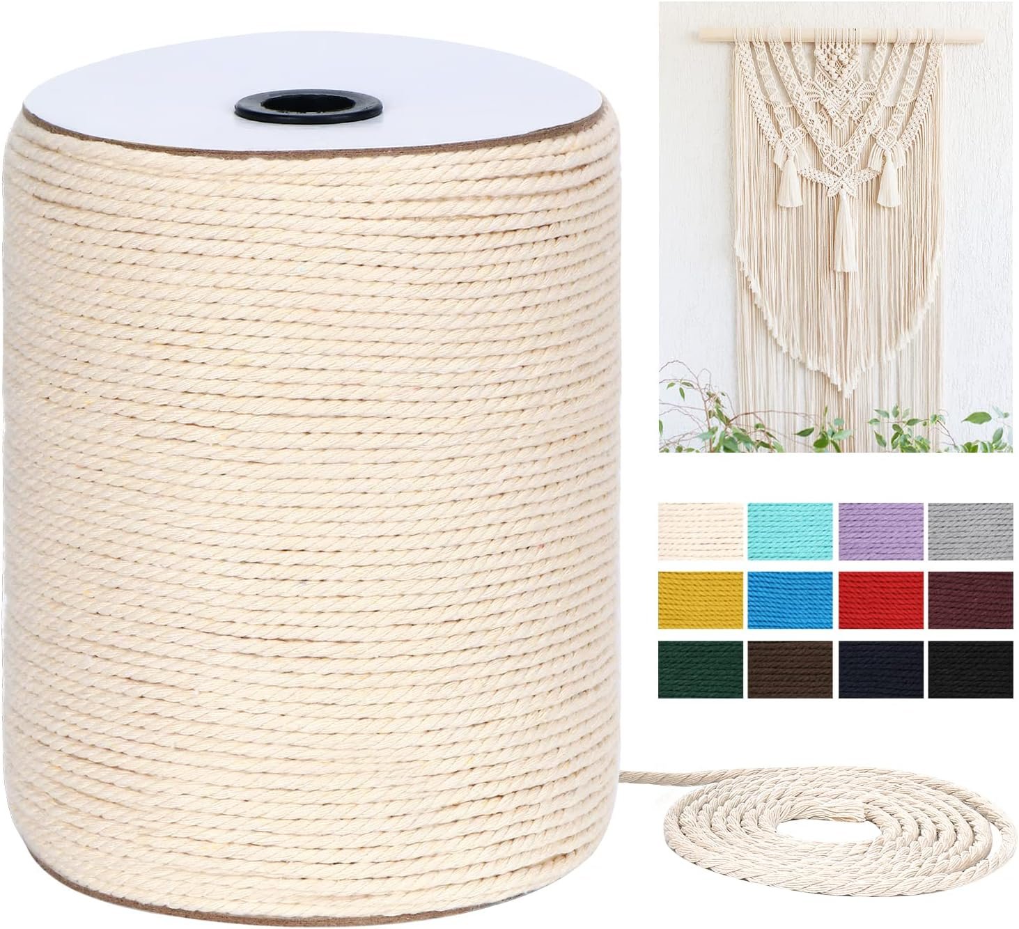 Macrame Cord 3mm x 328Yards(984Feet), Natural Cotton Macrame Rope – 3 Strands Twisted Macrame Cotton Cord for Wall Hanging, Plant Hangers, Crafts, Gift Wrapping and Wedding Decorations