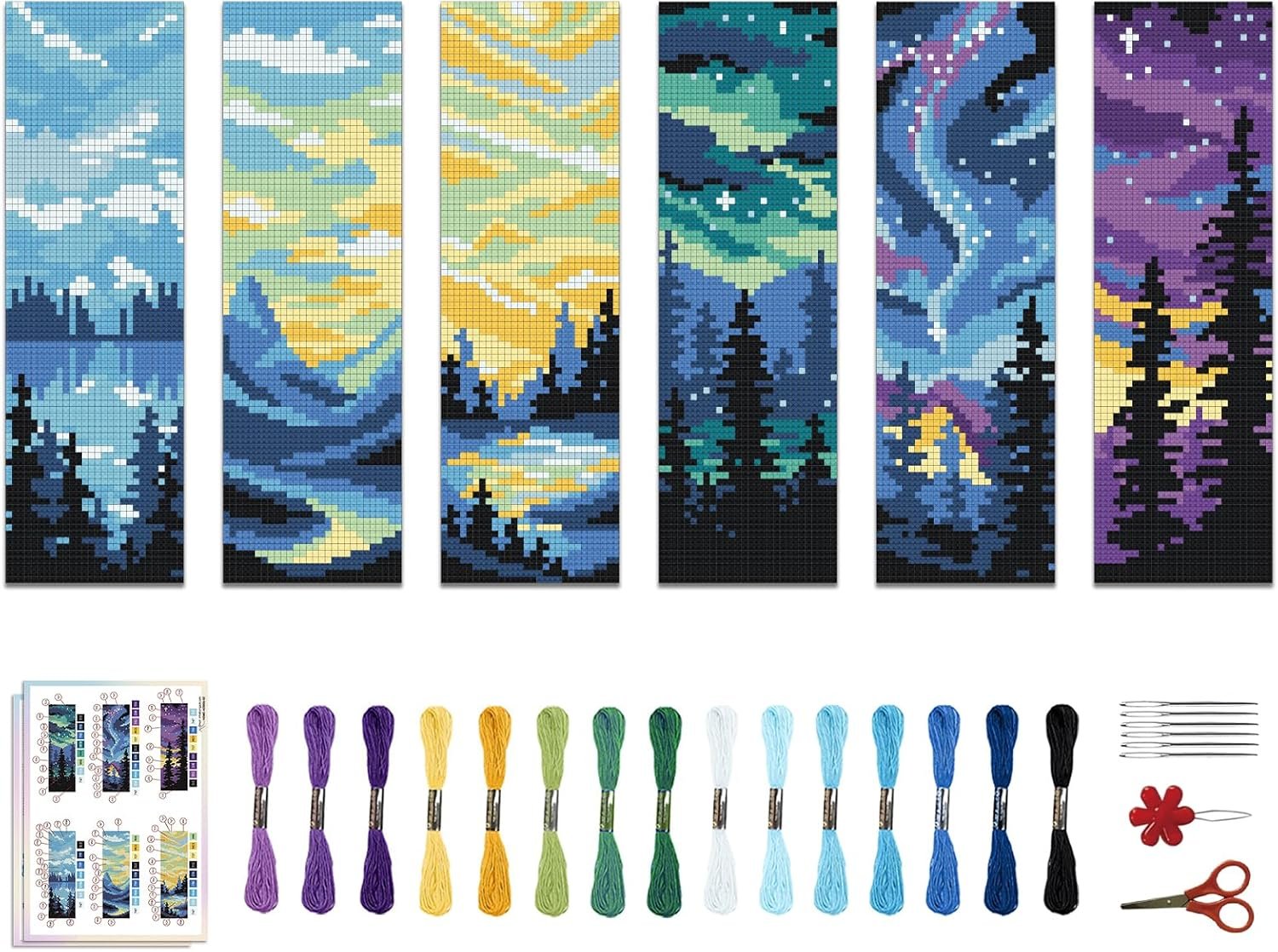 ACRNIGHEET 6PCS Stamped Cross Stitch Bookmark Kits for Beginners Scenery