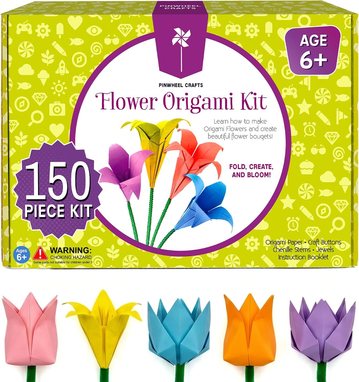 Pinwheel Crafts Flower Origami Kit for Kids Ages 8-12, 150 Pcs