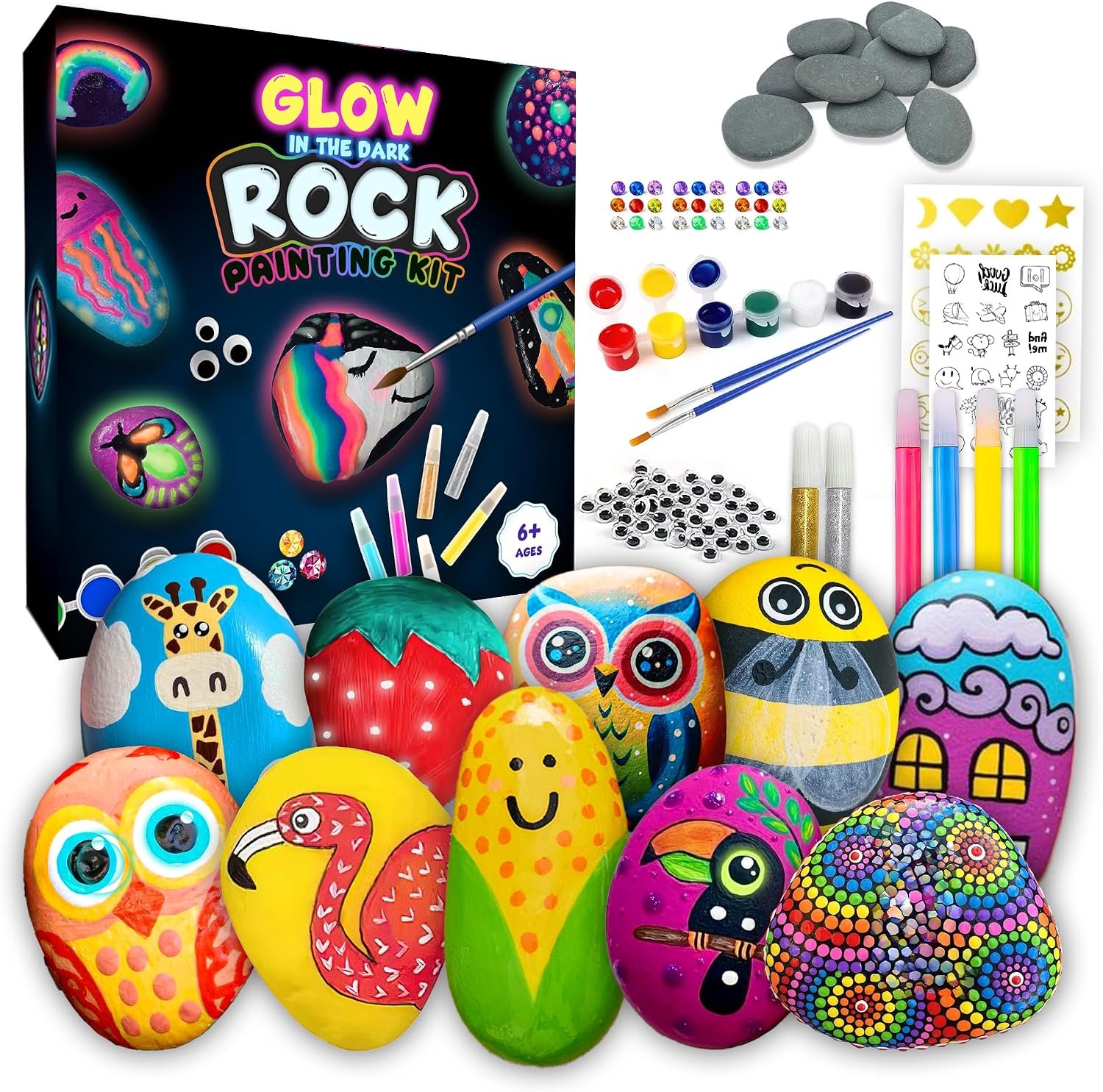 Rock Painting Kit – Glow in The Dark, 60+ Pcs Arts and Crafts Rock Painting kit for Kids 6-12, Art Supplies with Glow & Standard Paints, Outdoor Toys for Boys & Girls Birthday & Easter Gifts