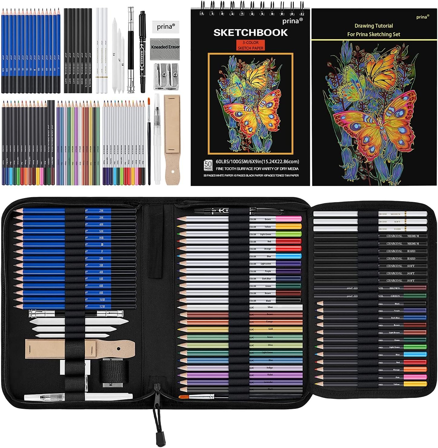 Prina 76 Pack Drawing Set Sketching Kit, Pro Art Supplies with 3-Color Sketchbook, Include Tutorial, Colored, Graphite, Charcoal, Watercolor & Metallic Pencil, for Artists Adults Teens Beginner
