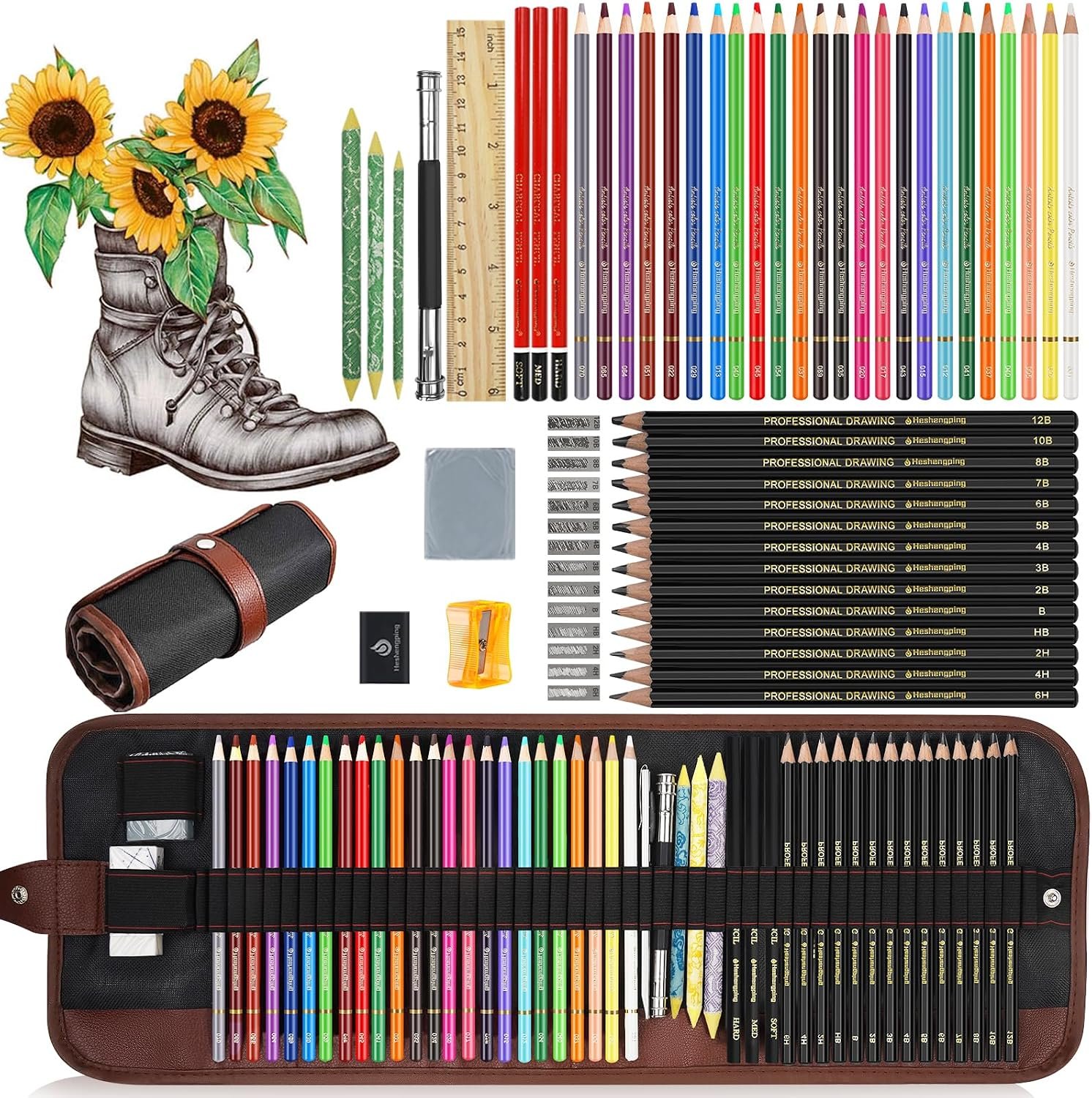 Heshengping Sketching Drawing Art Pencil Kit-50 Piece Set with 24 Color Pencils for Coloring Books, 14 Graphite 3 Charcoal Erasers Etc., Artist Supplies Ideal for Adult, family friend, Beginner