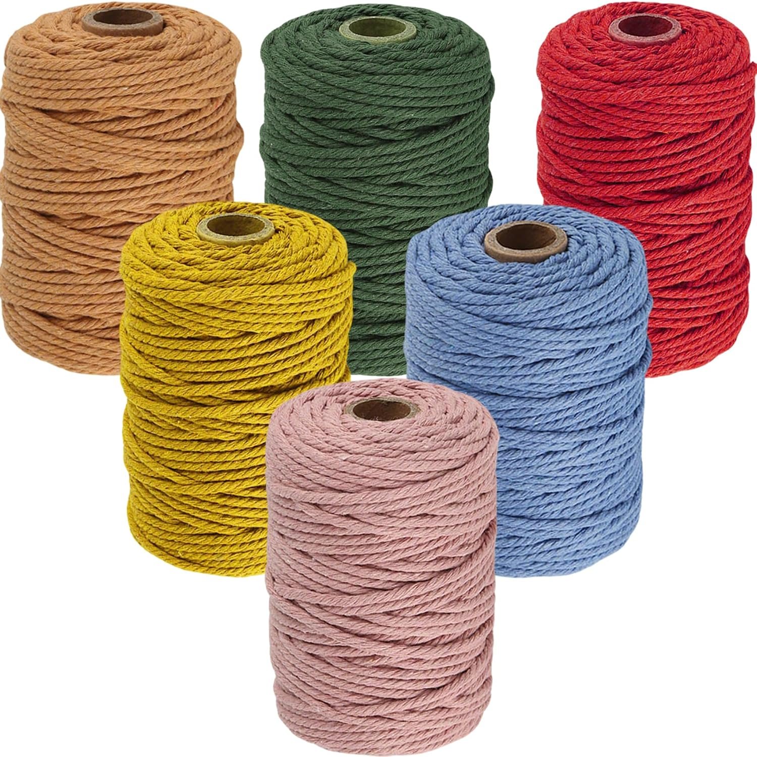 6 Rolls Macrame Cord, BetterJonny 3mm x 328 Yards Colored Macrame Rope, 4 Strand Twisted Cotton Rope Macrame Yarn, Colorful Cotton Craft Cord for Wall Hanging, Plant Hangers, Knitting, DIY