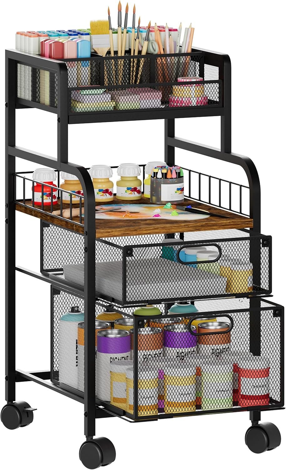 SWTYMIKI Art Cart with Drawers, Rolling Craft Cart with DIY Dividers & Wood Shelf – Mobile Art Supply Organizer for Artists, Students & Small Space, Heavy-Duty Metal, Lockable Wheels Espresso