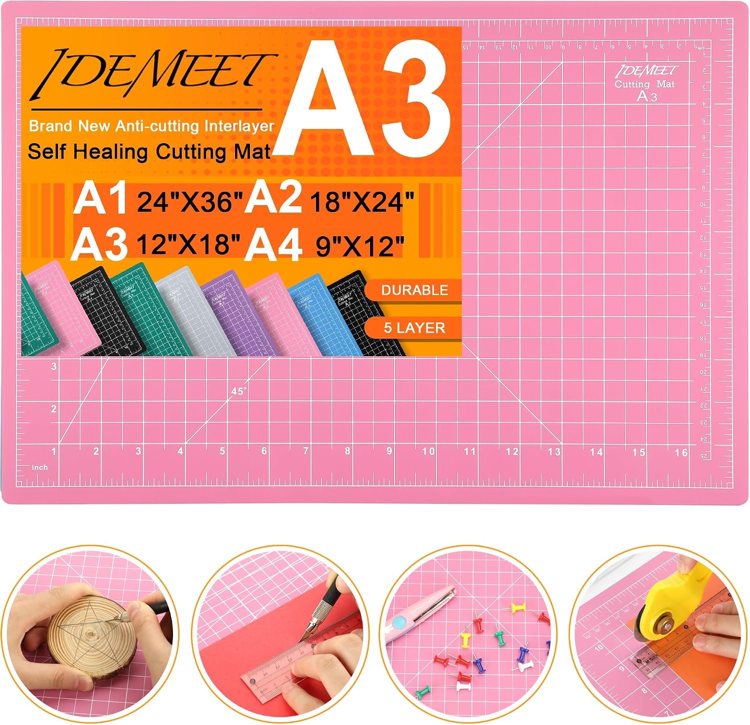 Density-upgraded 18″x12″ Self Healing Cutting Mat, Idemeet Rotary Sewing Mat for Crafts, 5-Ply Blade Table Protector Cut Board for Fabric Leather Cutting Quilting Modeling Hobby Project, A3, Pink